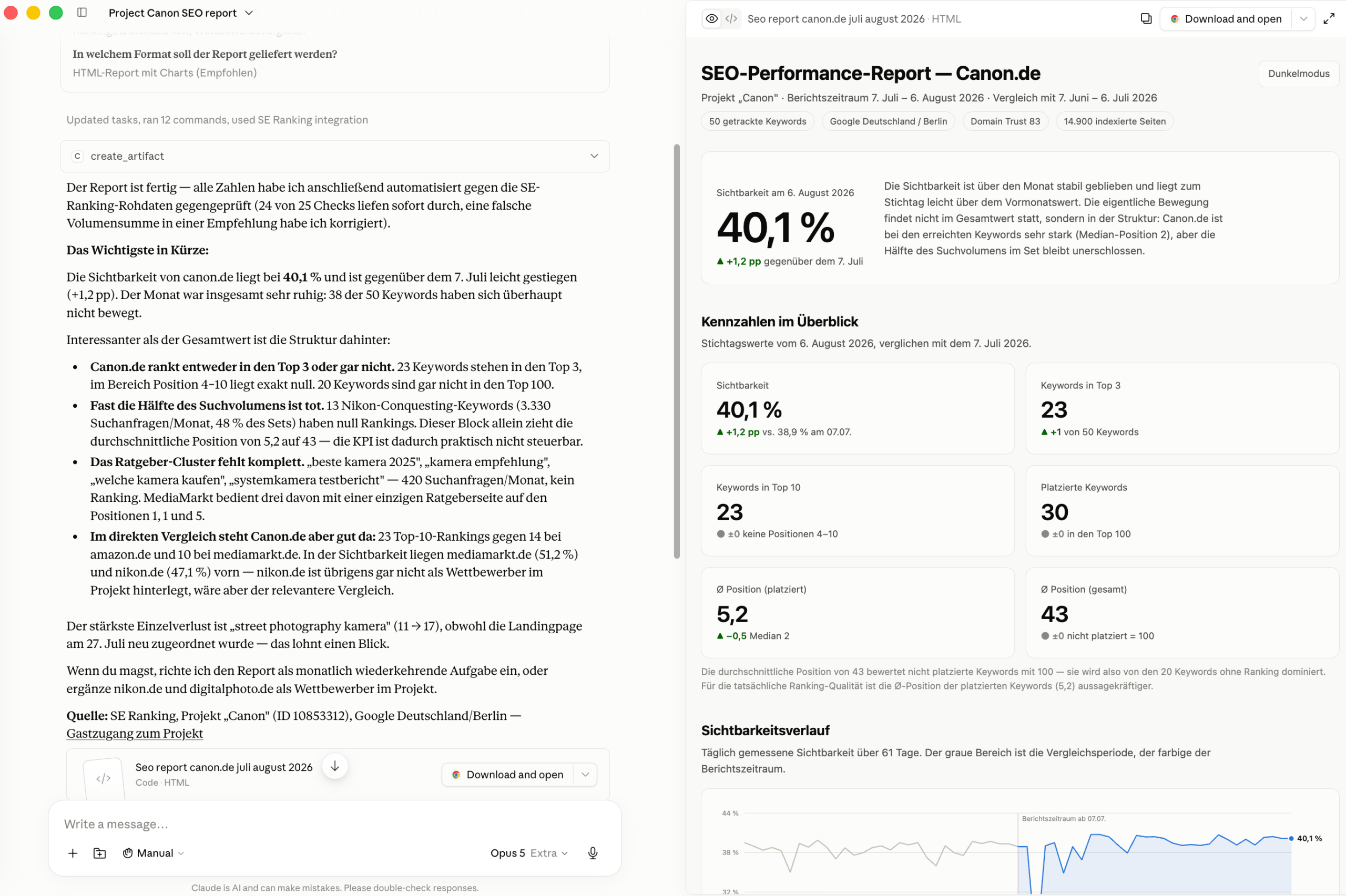 Beispiel für einen SEO-Report von SE Ranking in Claude Cowork Beispiel für einen SEO-Report in Claude Cowork