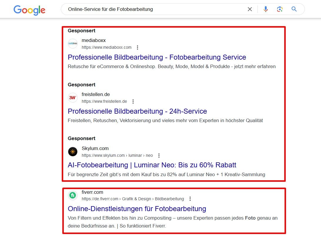 Ergebnisse der SERP für kommerzielle Absicht