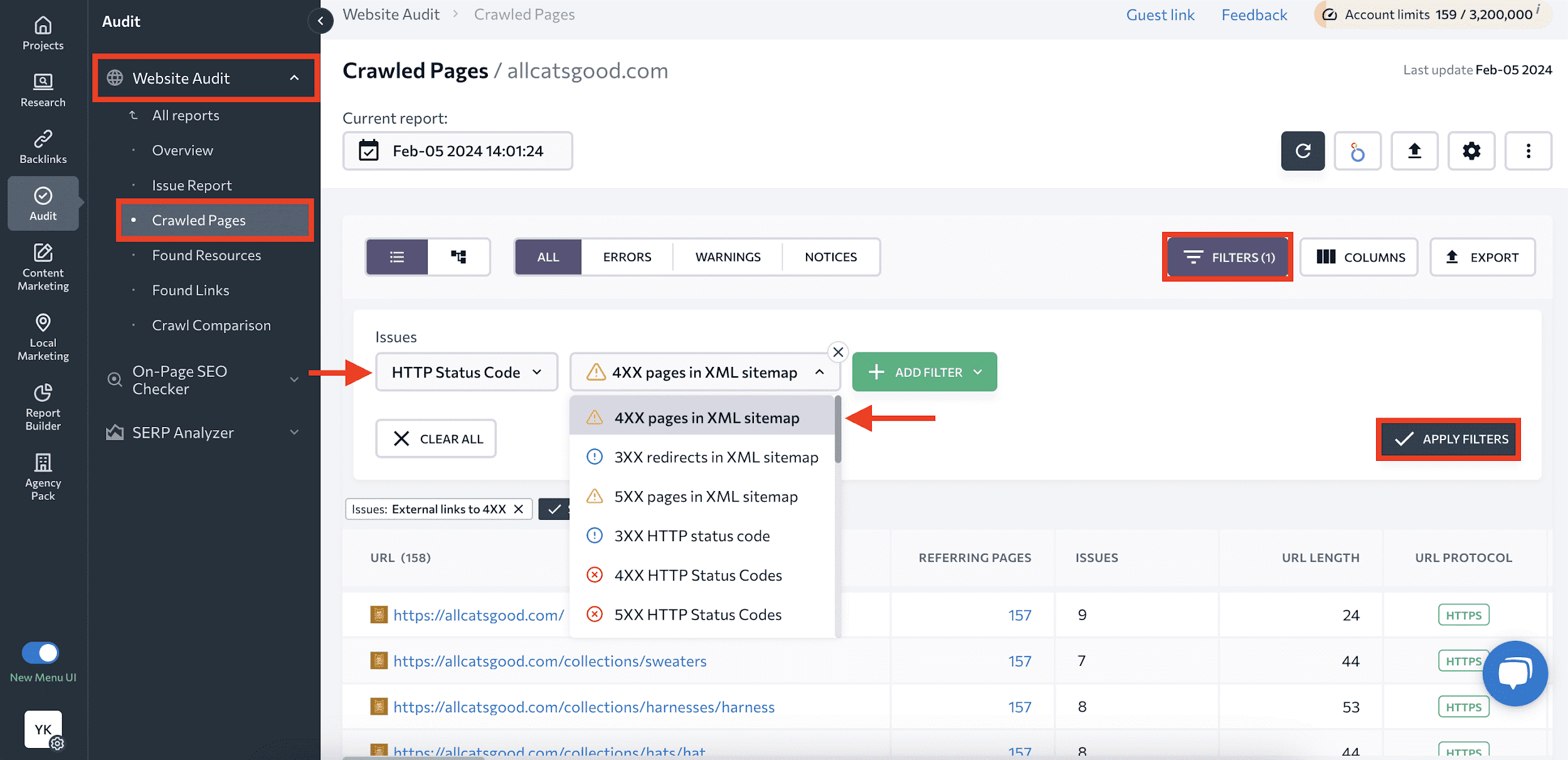 Filter im Website-Audit-Tool