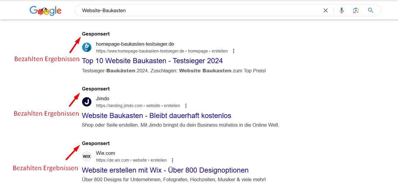 Ein Beispiel für bezahlte Ergebnisse auf der SERP