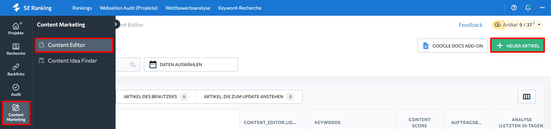 Neuer Artikel-Button im Content Editor