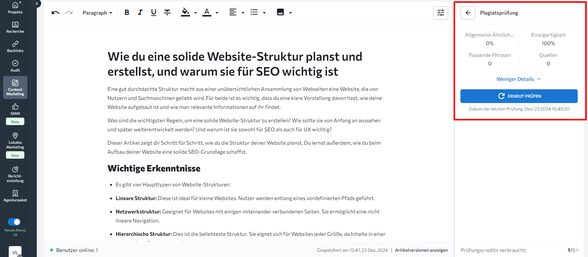 Plagiatskontrolle im Content Editor