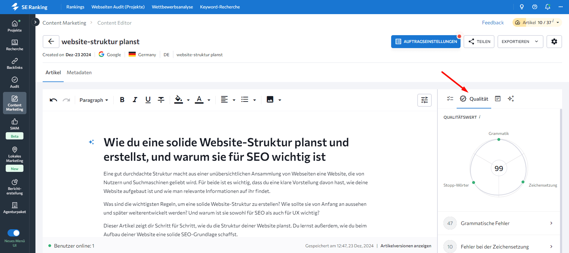 Qualitätsregisterkarte im Content Editor