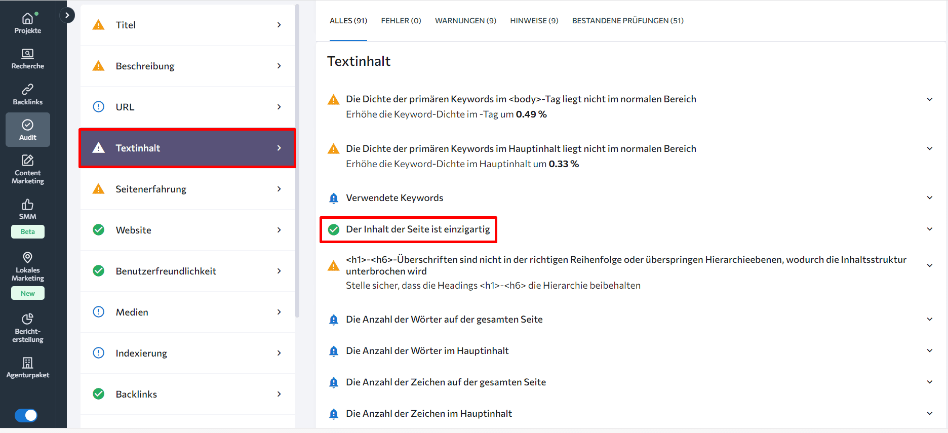 Textinhalte im On-page SEO Checker