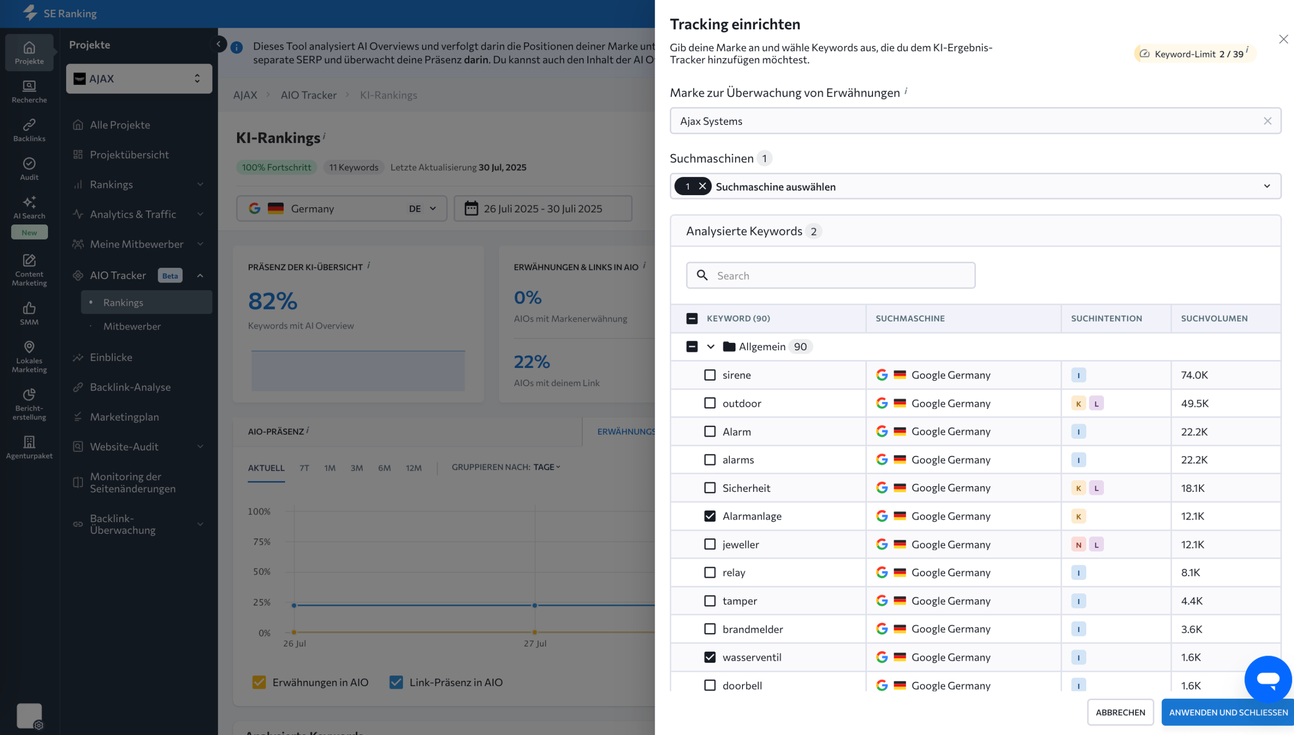 Set-up im AI Overviews Tracker