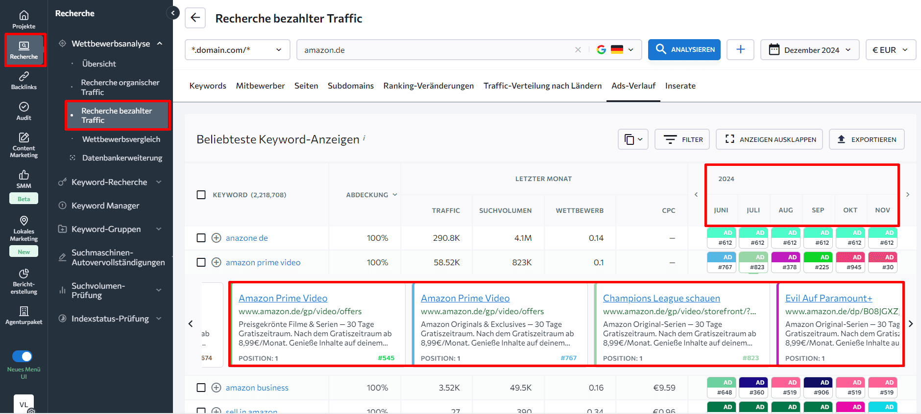 Auf der Unterregisterkarte Anzeigenverlauf kannst du sehen, welche Anzeigen deine Konkurrenten jetzt und in der Vergangenheit bei Google schalten und dieses Wissen nutzen, um nur die besten Anzeigen für dein Unternehmen aufzustellen.