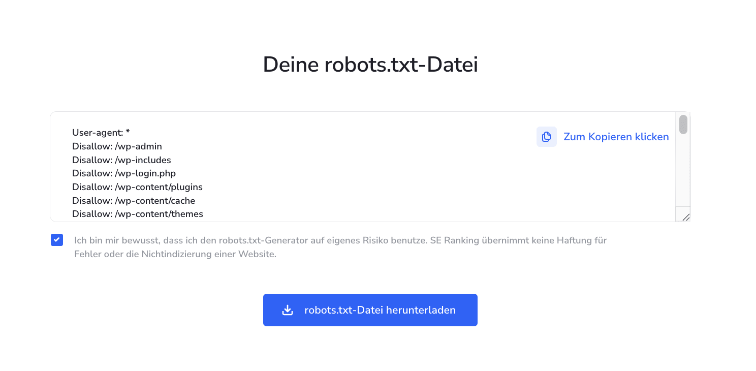 Mit SE Ranking lässt sich eine robots.txt-Datei für WordPress generieren SE Ranking erstellt eine robots.txt-Datei für WordPress