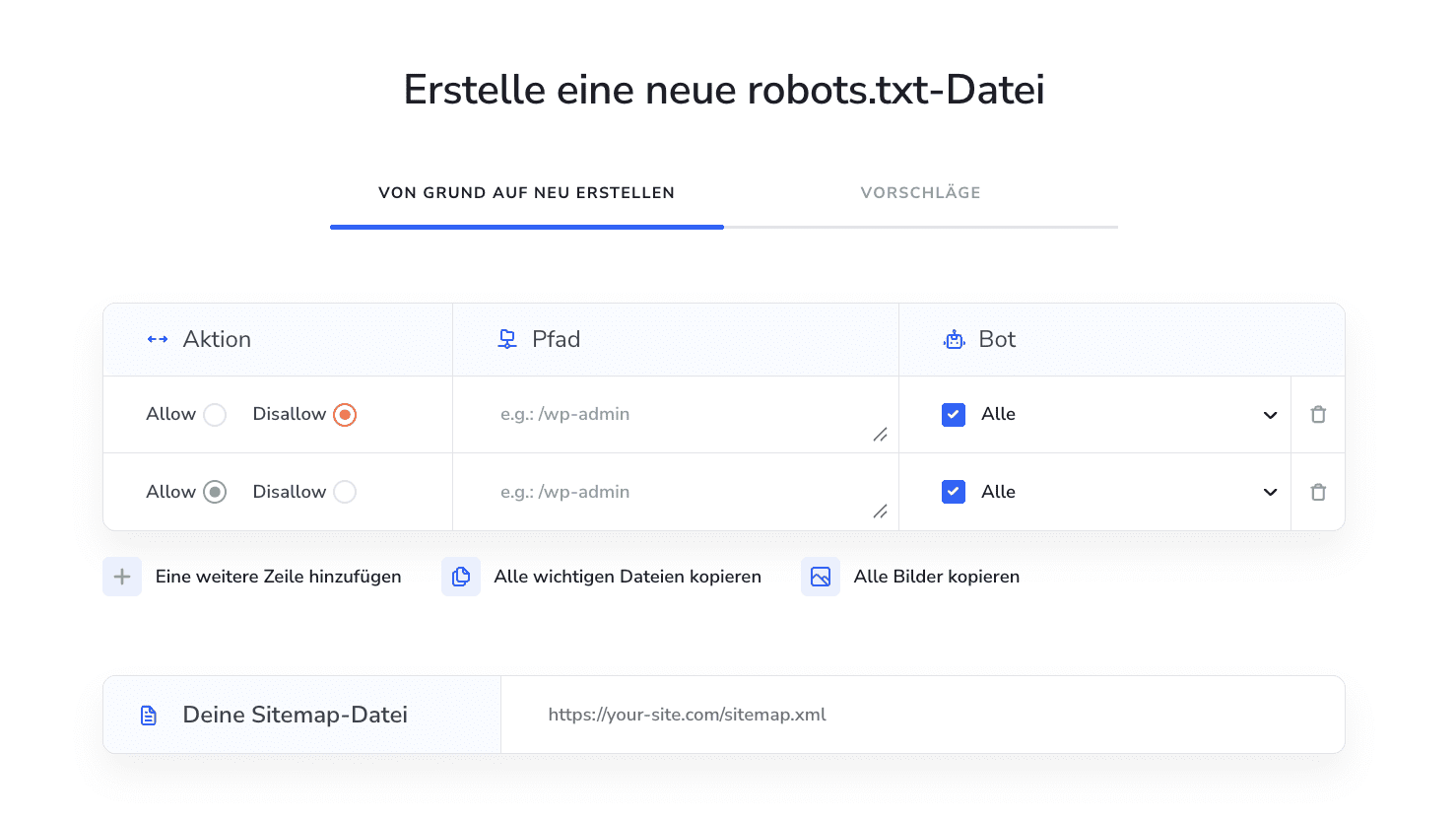 Mit dem SE Ranking Robots.txt Generator lässt sich ein Regelset erstellen Der SE Ranking Robots.txt Generator erstellt ein Regelset