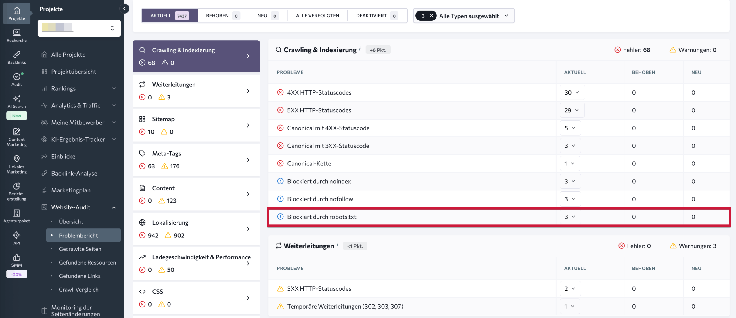 Crawling & Indexierung im Website-Audit-Tool
