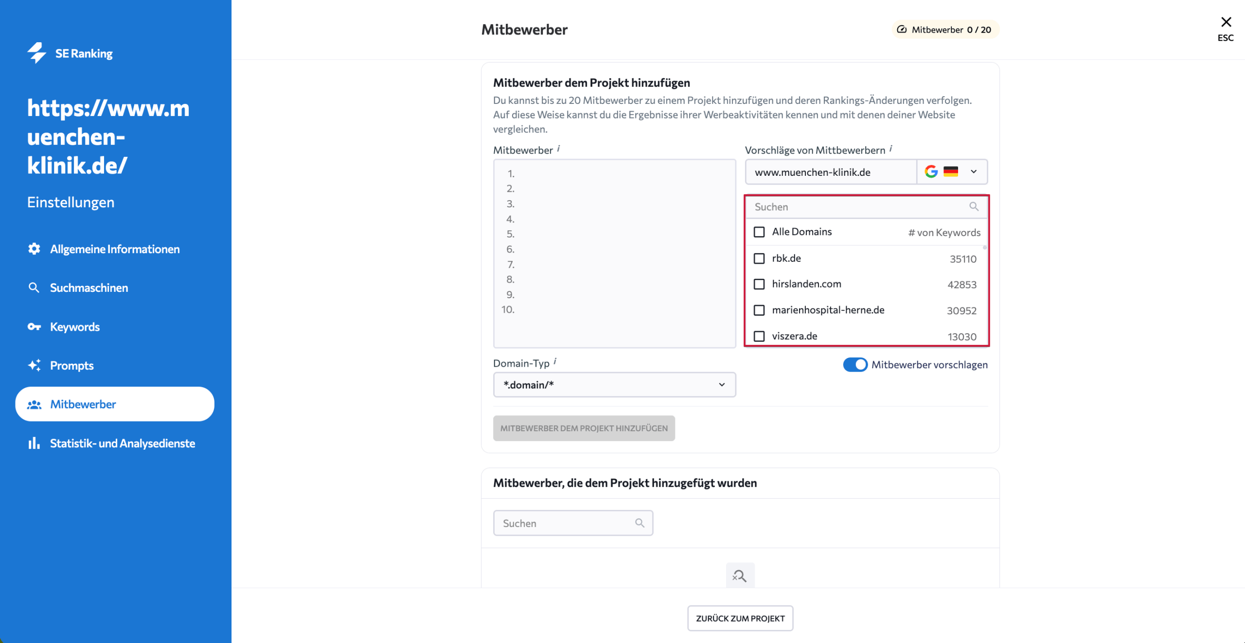 Wettbewerber zur Überwachung hinzufügen Einrichtung der Wettbewerber-Verfolgung