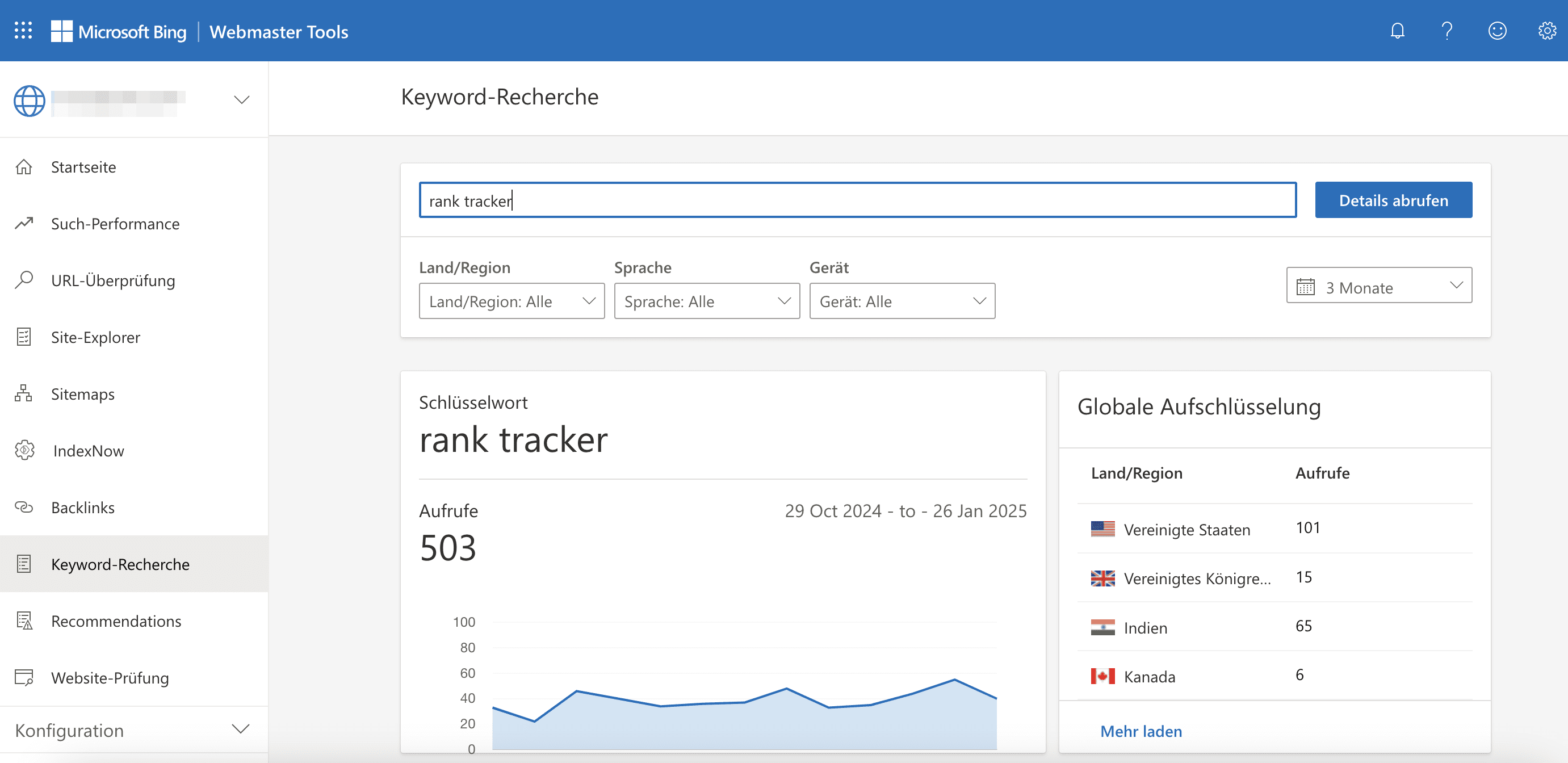 Keyword Suchwerkzeug in Bing Webmaster Tools