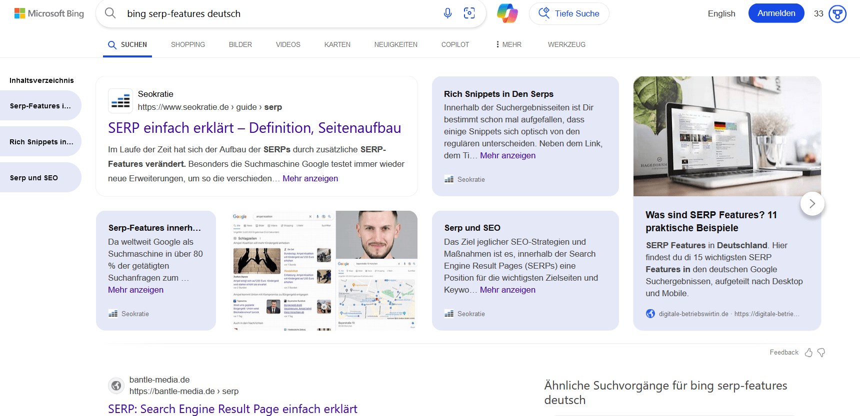 Screenshot von Bing’s SERP Funktionen