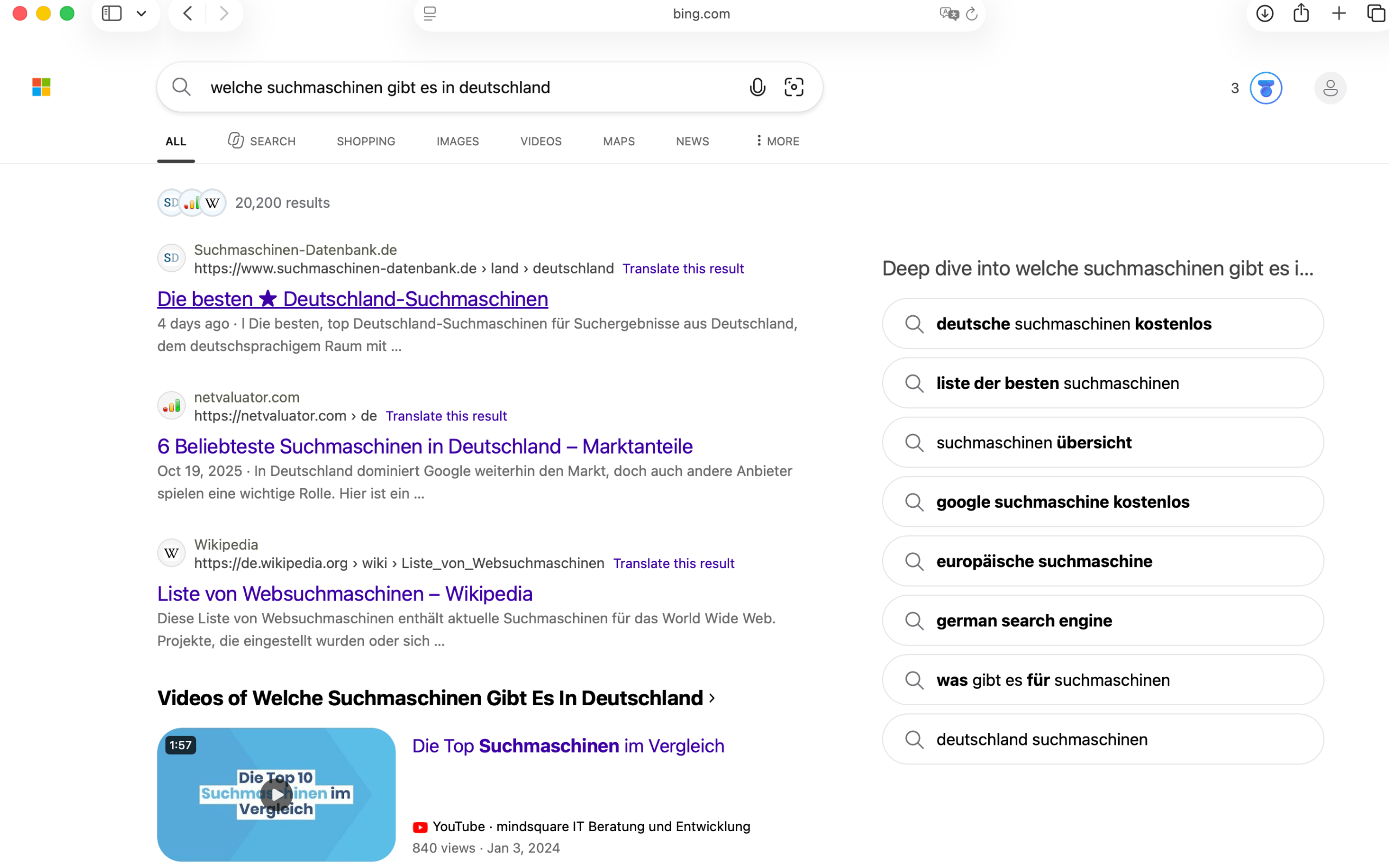 Bing-Suchergebnisseite Bing-Suchergebnisseite mit organischen Ergebnissen