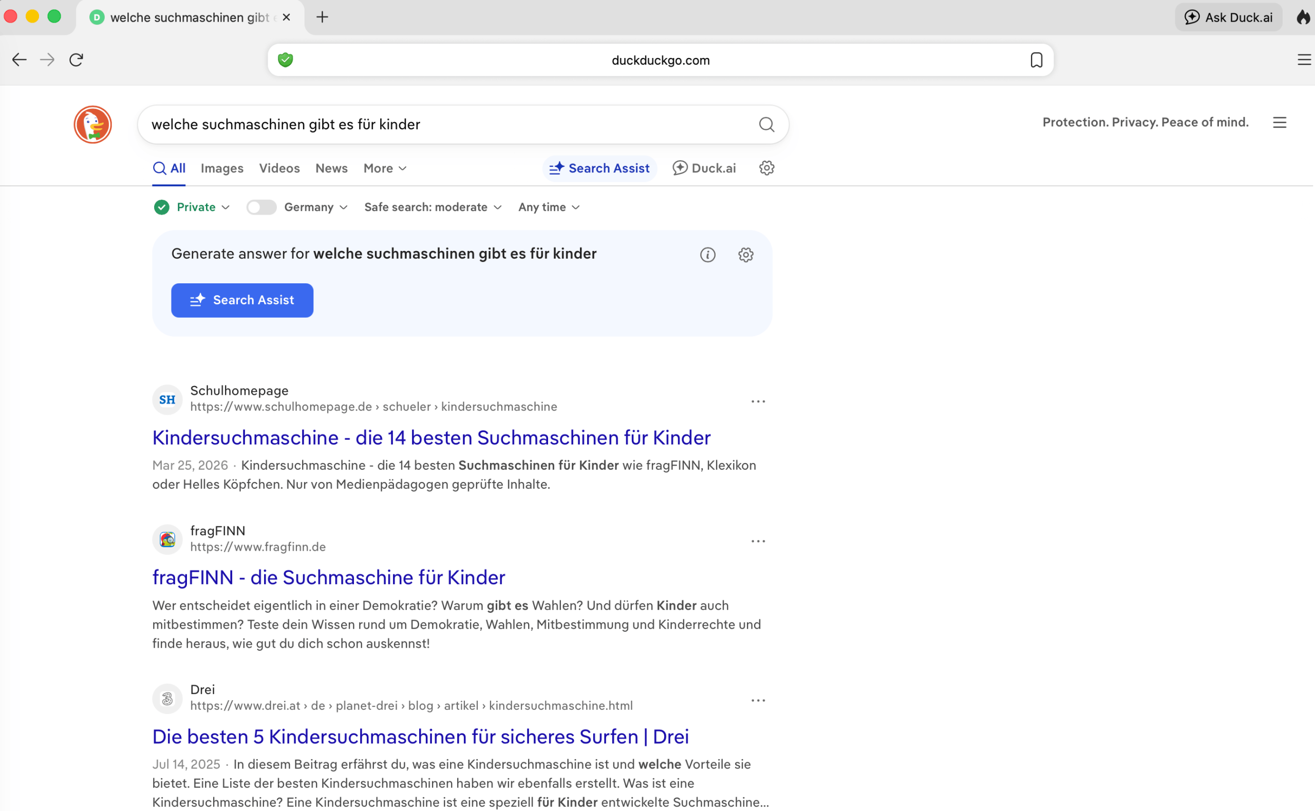 DuckDuckGo-Suchergebnisseite Suchmaschine DuckDuckGo mit Suchfeld