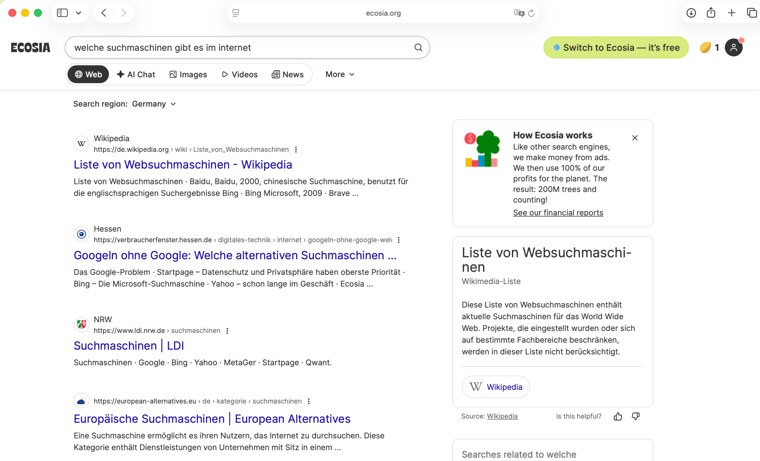 Ecosia-Suchergebnisse Ecosia-Suchergebnisseite mit organischen Ergebnissen