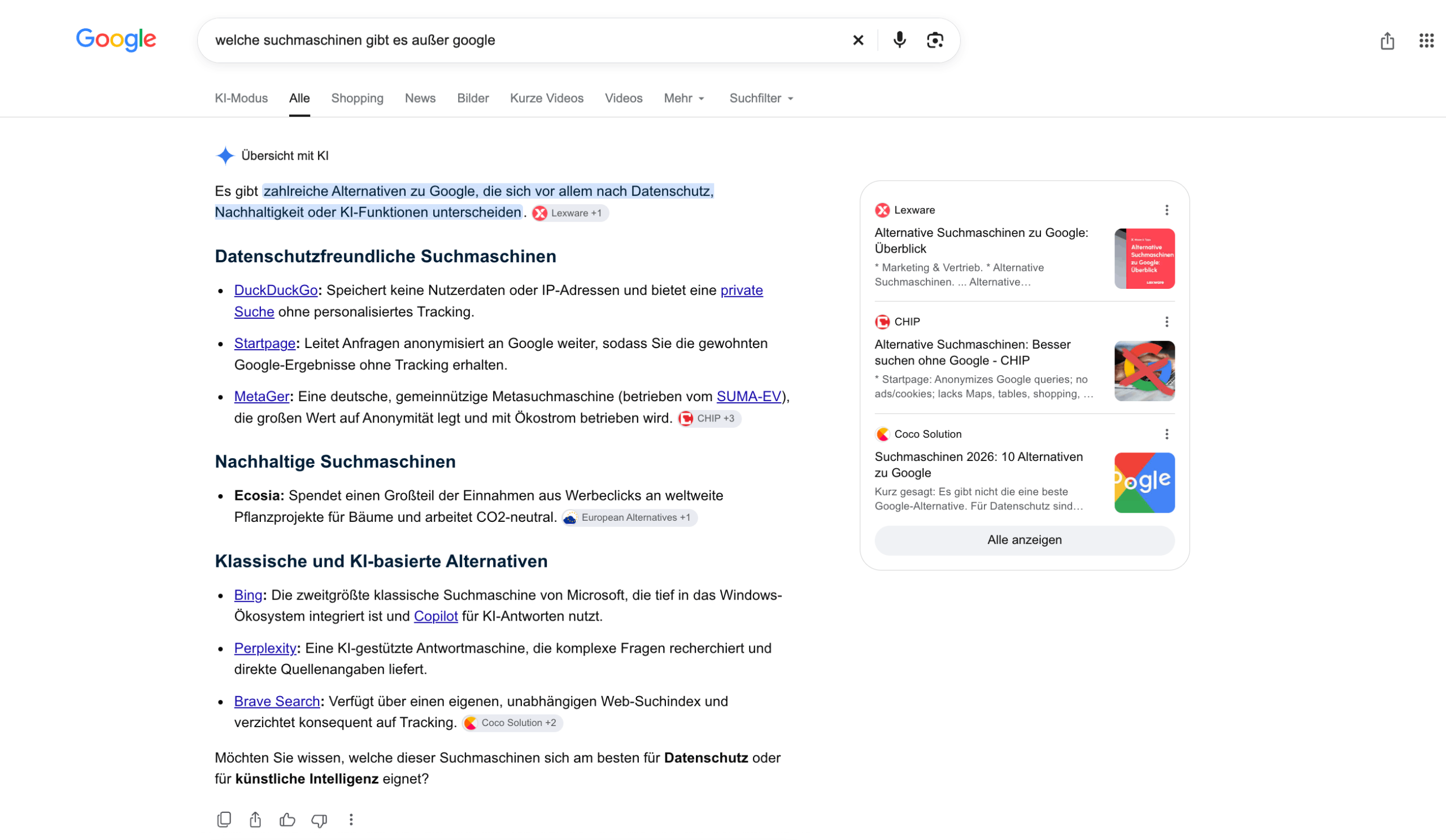 Google-Suchergebnisseite mit AI Overview Google-Suchergebnisseite mit einer AI Overview über den organischen Suchergebnissen
