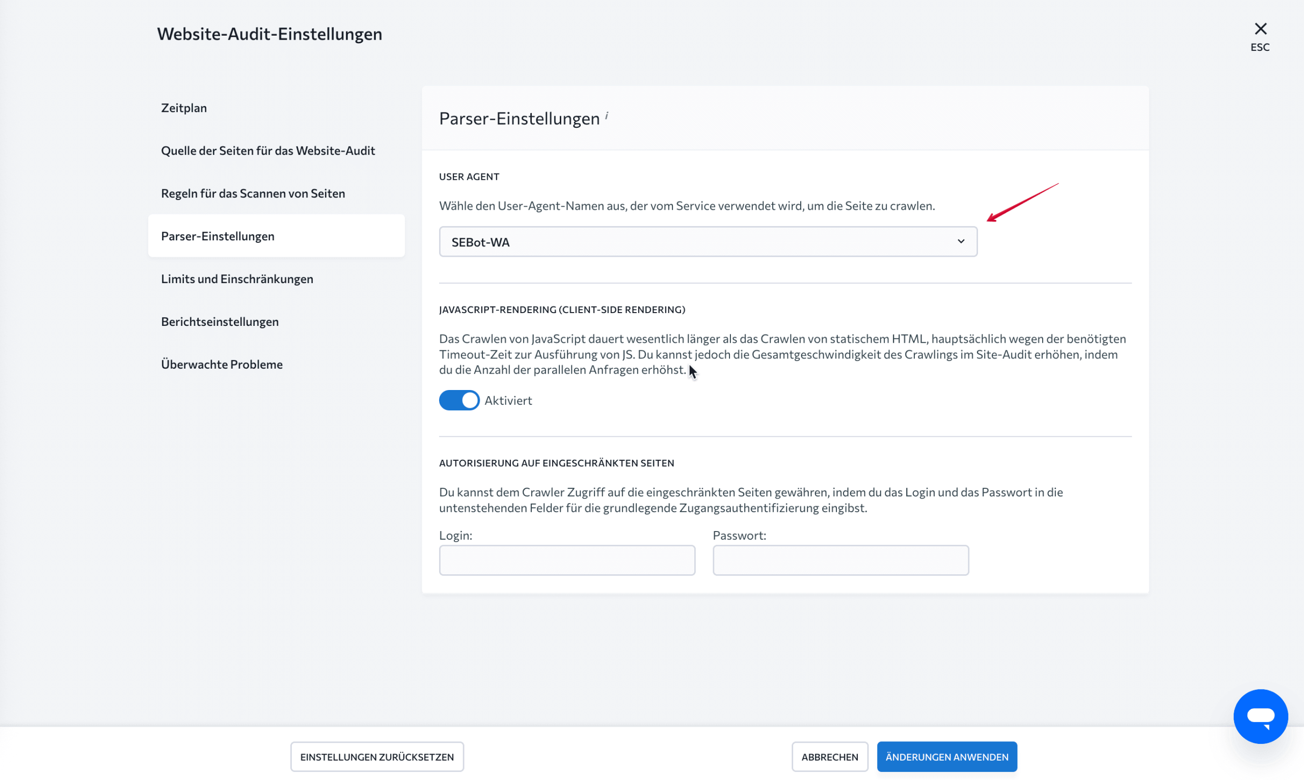 SE Rankings Parser-Einstellungen für den Website-Audit