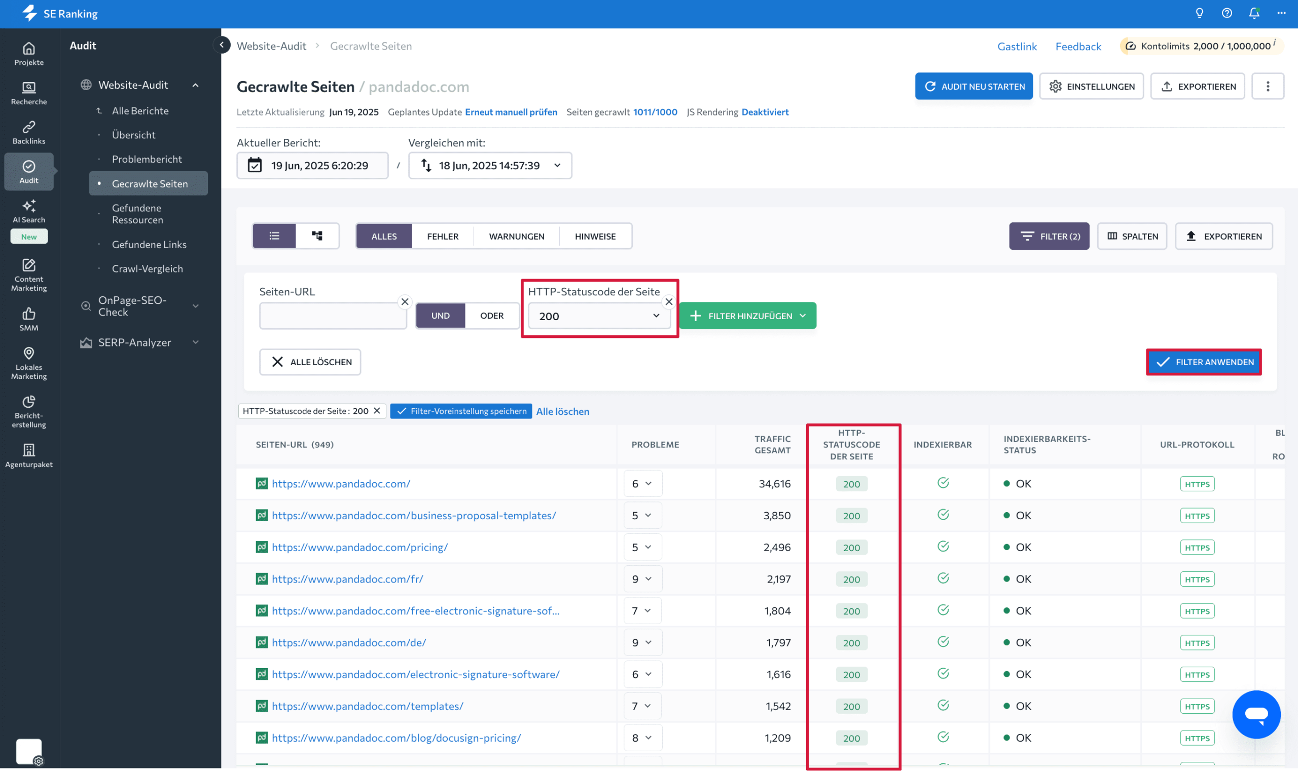 Filter im Website-Audit-Tool