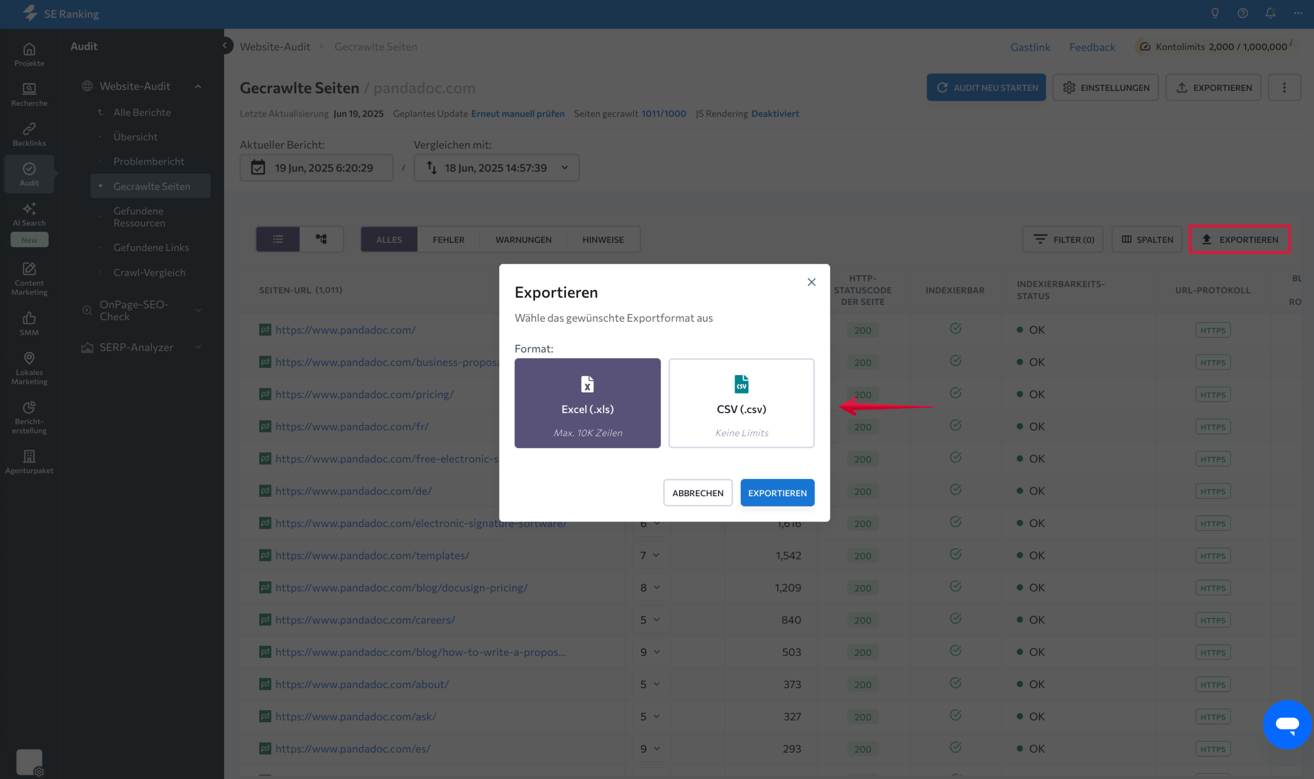 Daten aus dem Website-Audit-Tool exportieren