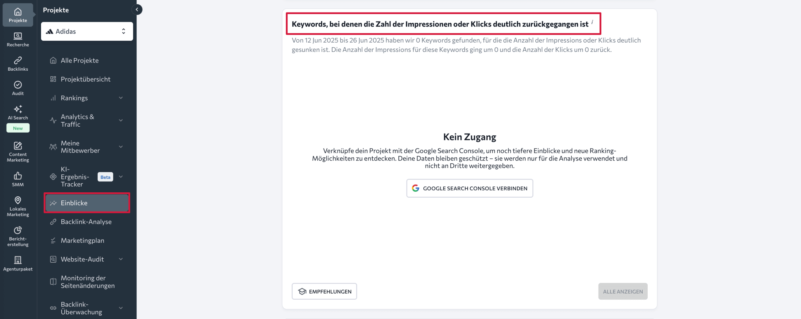 Block mit Einblicken zu Keywords mit stark rückläufigen Impressionen oder Klicks