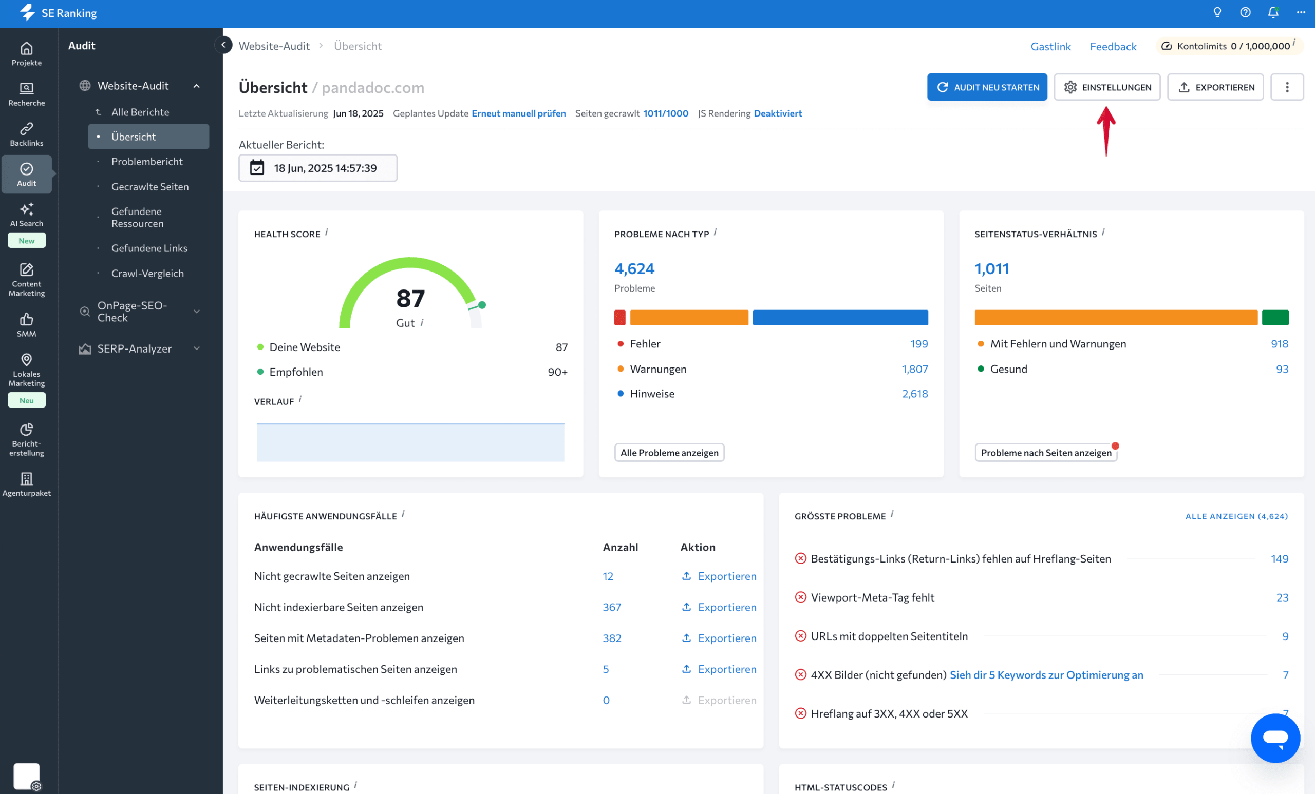 Website-Audit-Einstellungen öffnen
