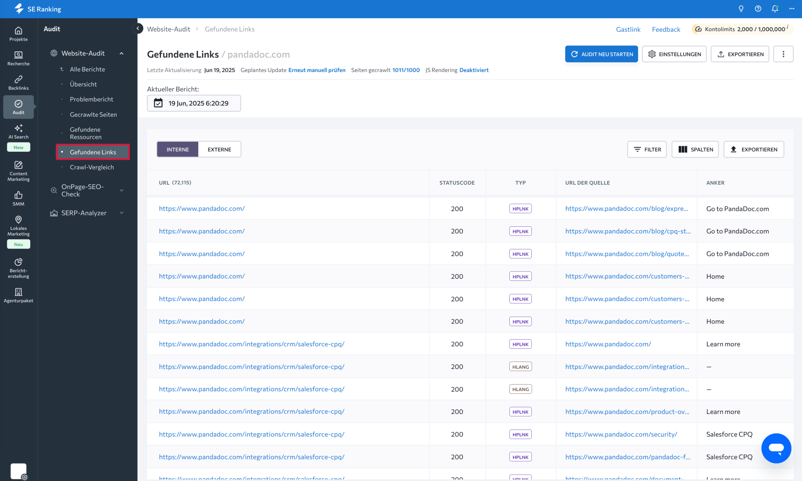 Gefundene interne Links im Website-Audit