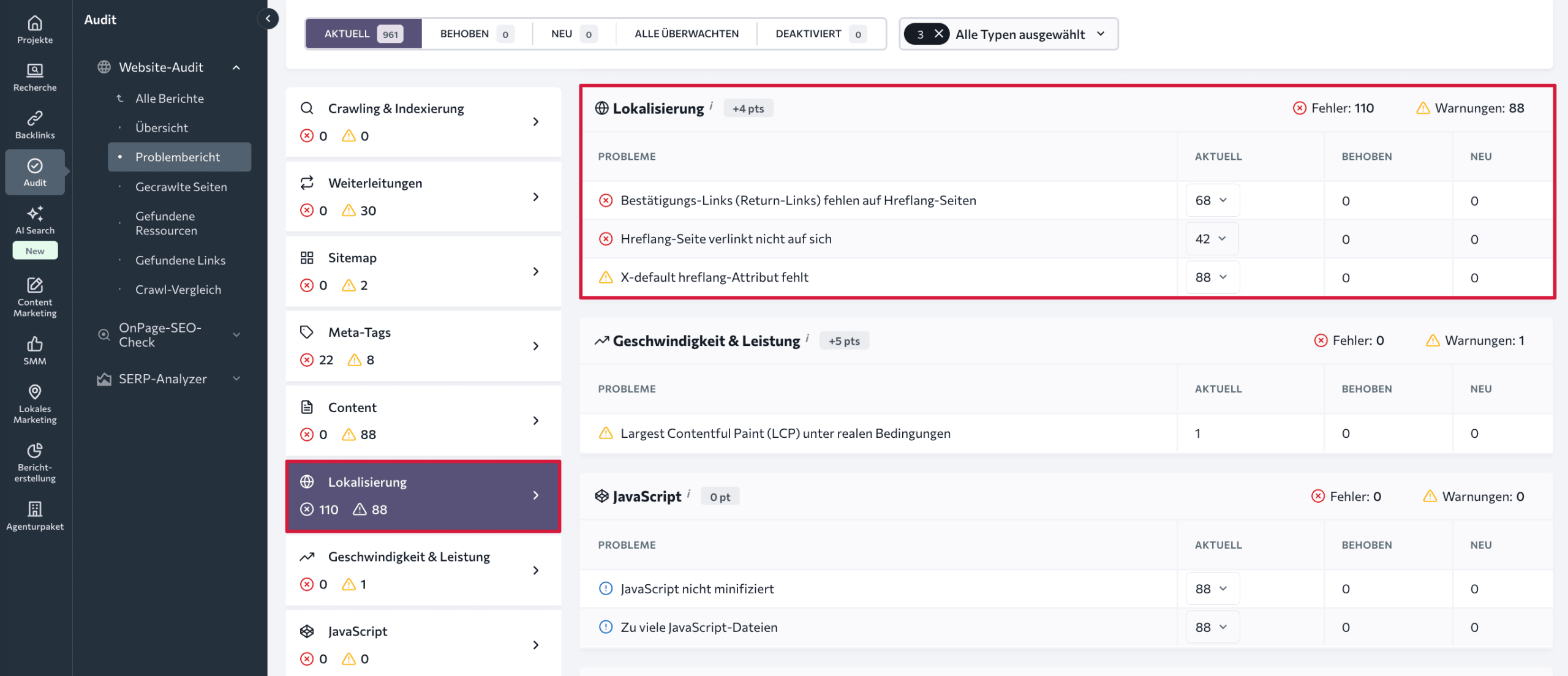 Lokalisierungsprobleme mit dem Website-Audit-Tool überprüfen