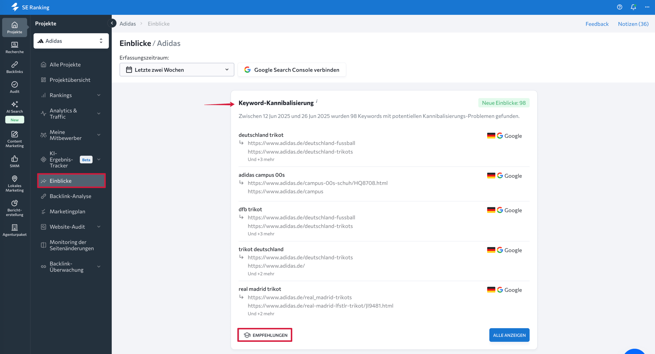 Probleme mit Keyword-Kannibalisierung im Insights-Tool
