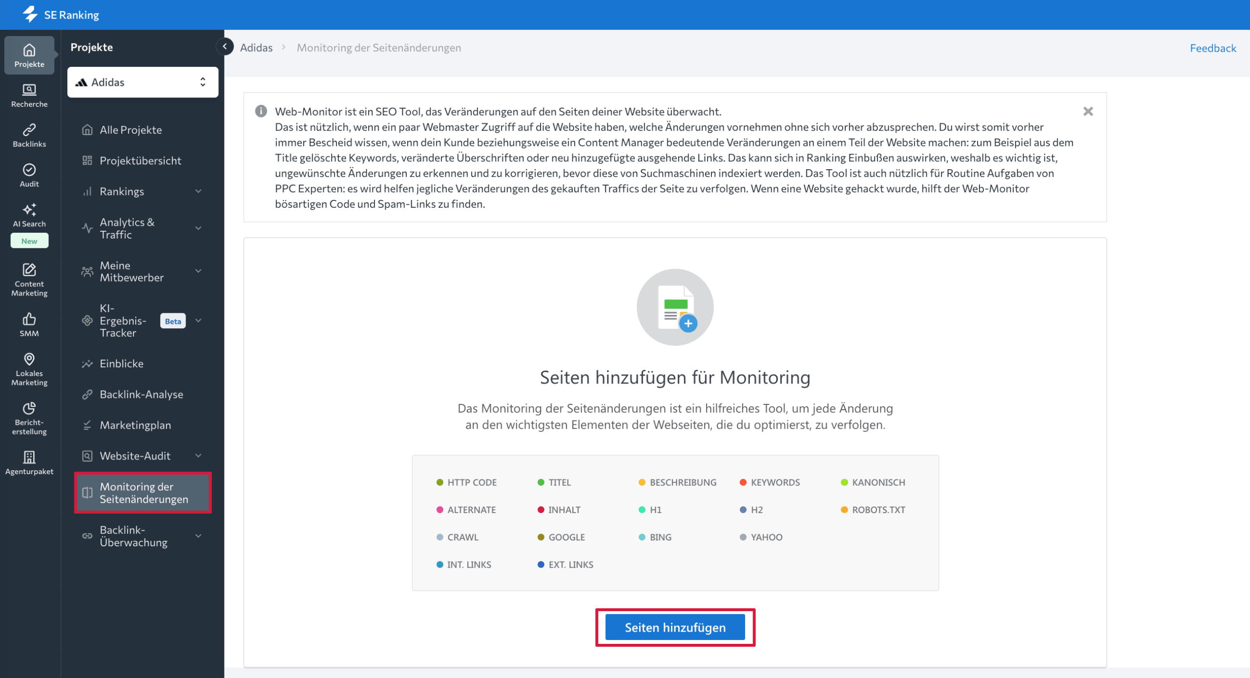 Monitoring der Seitenänderungen von SE Ranking