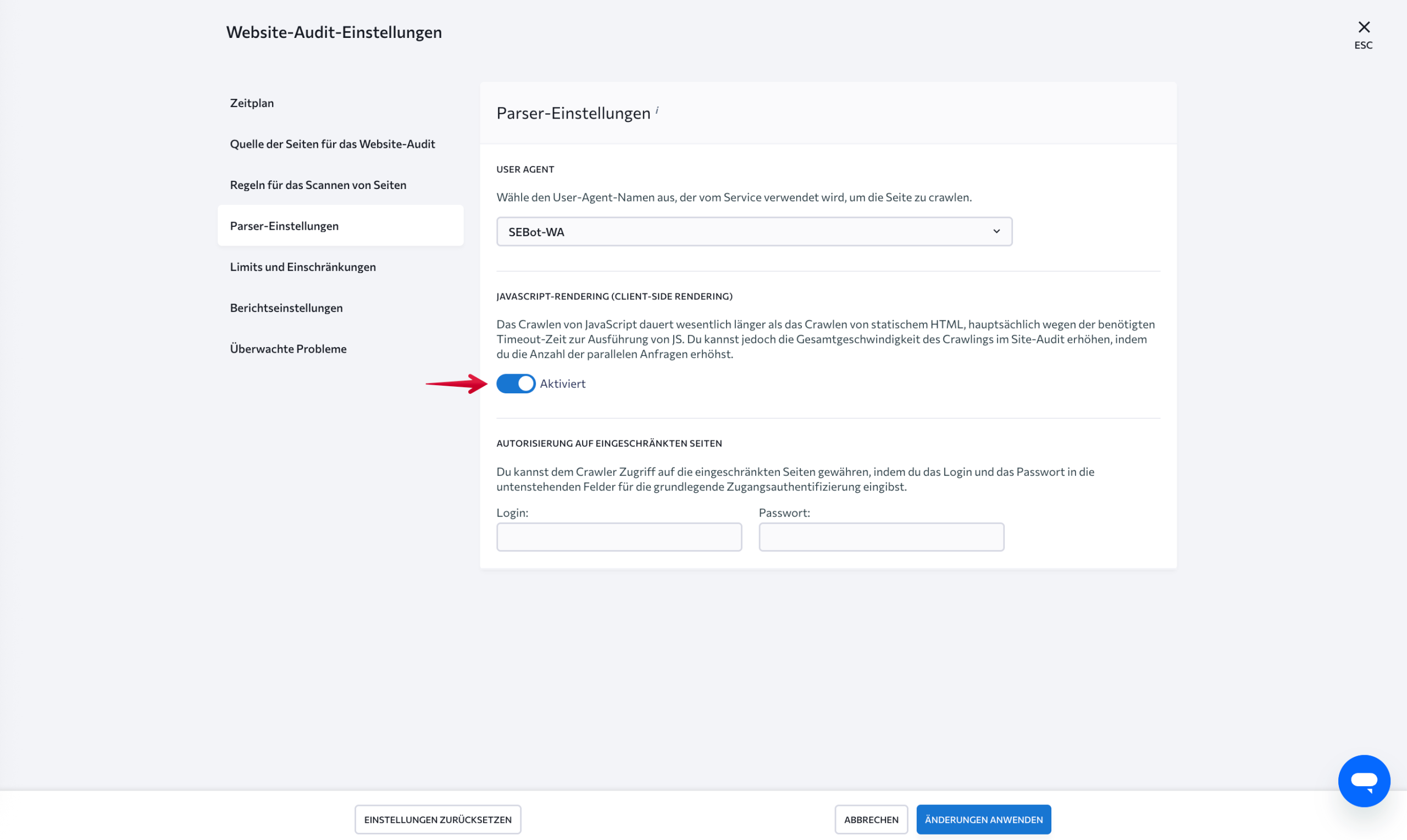 Parser-Einstellungen