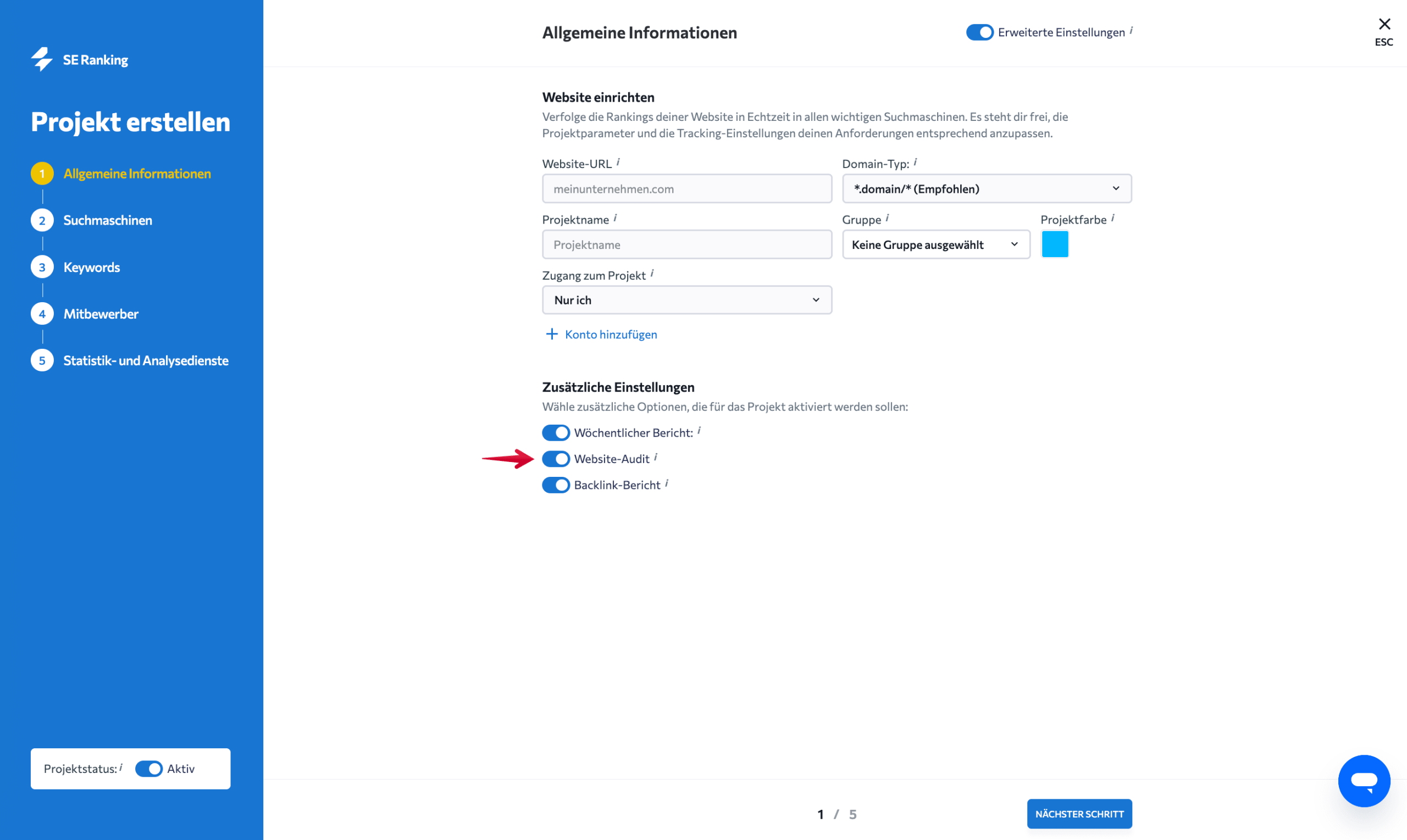 Website-Audit beim Projektanlegen aktivieren