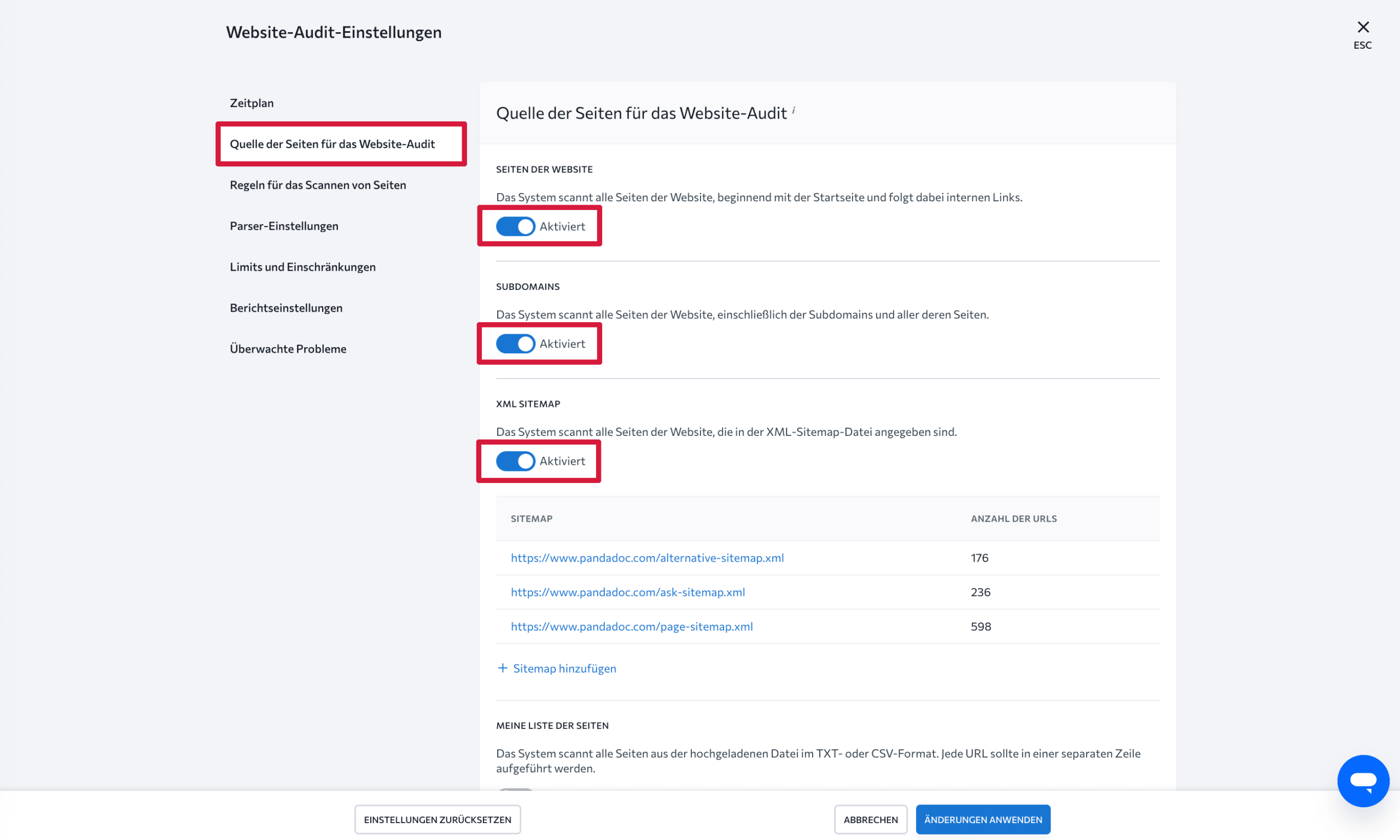 Seitenquelle für das Website-Audit
