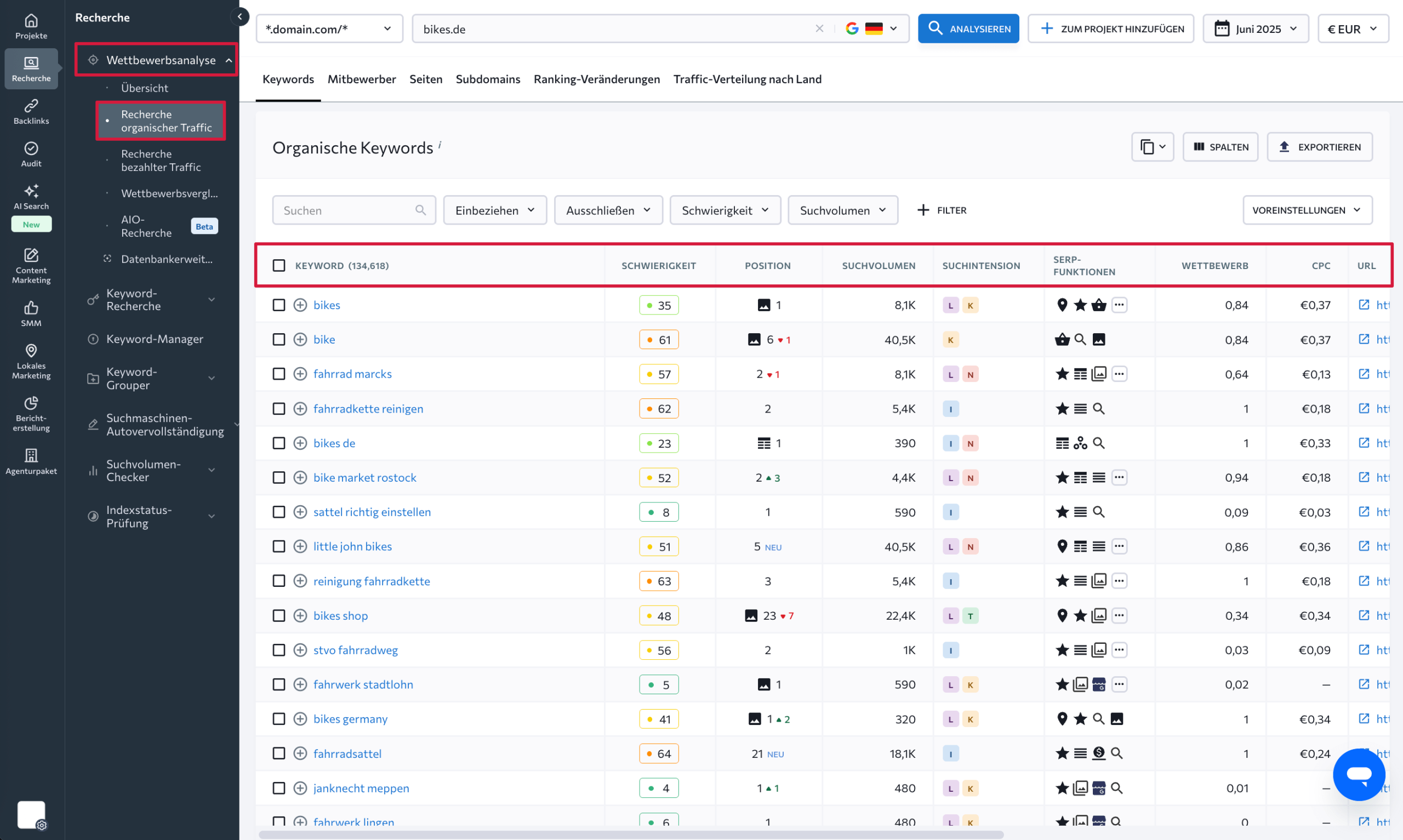 Bereich „Recherche organischer Traffic“ im Tool für Wettbewerbsanalyse