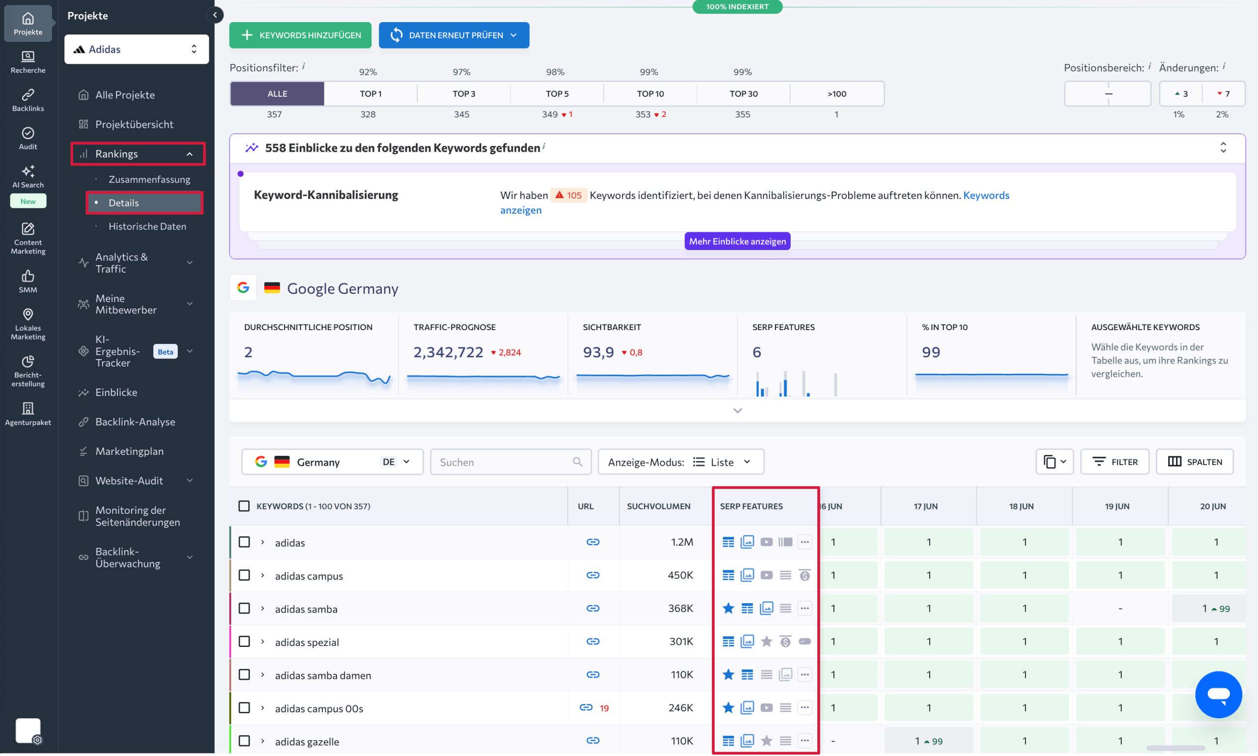Spalte „SERP-Features“ in der Ranking-Tabelle