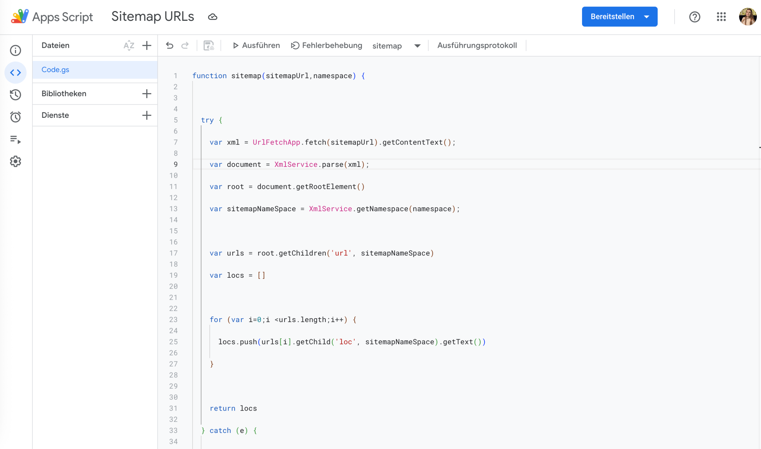 Skript-Editor in Google Sheets