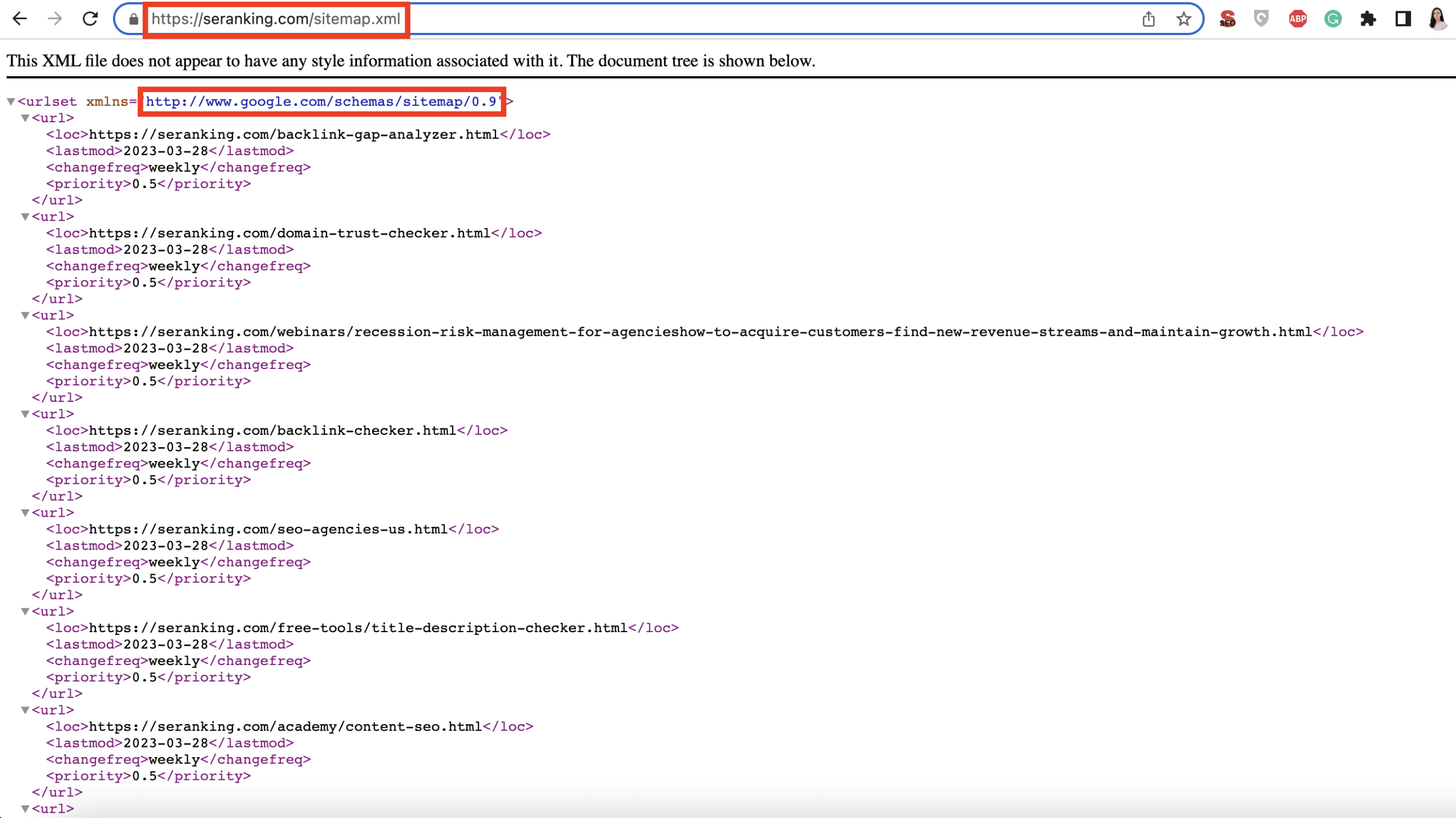 Sitemap- und Namespace-URLs