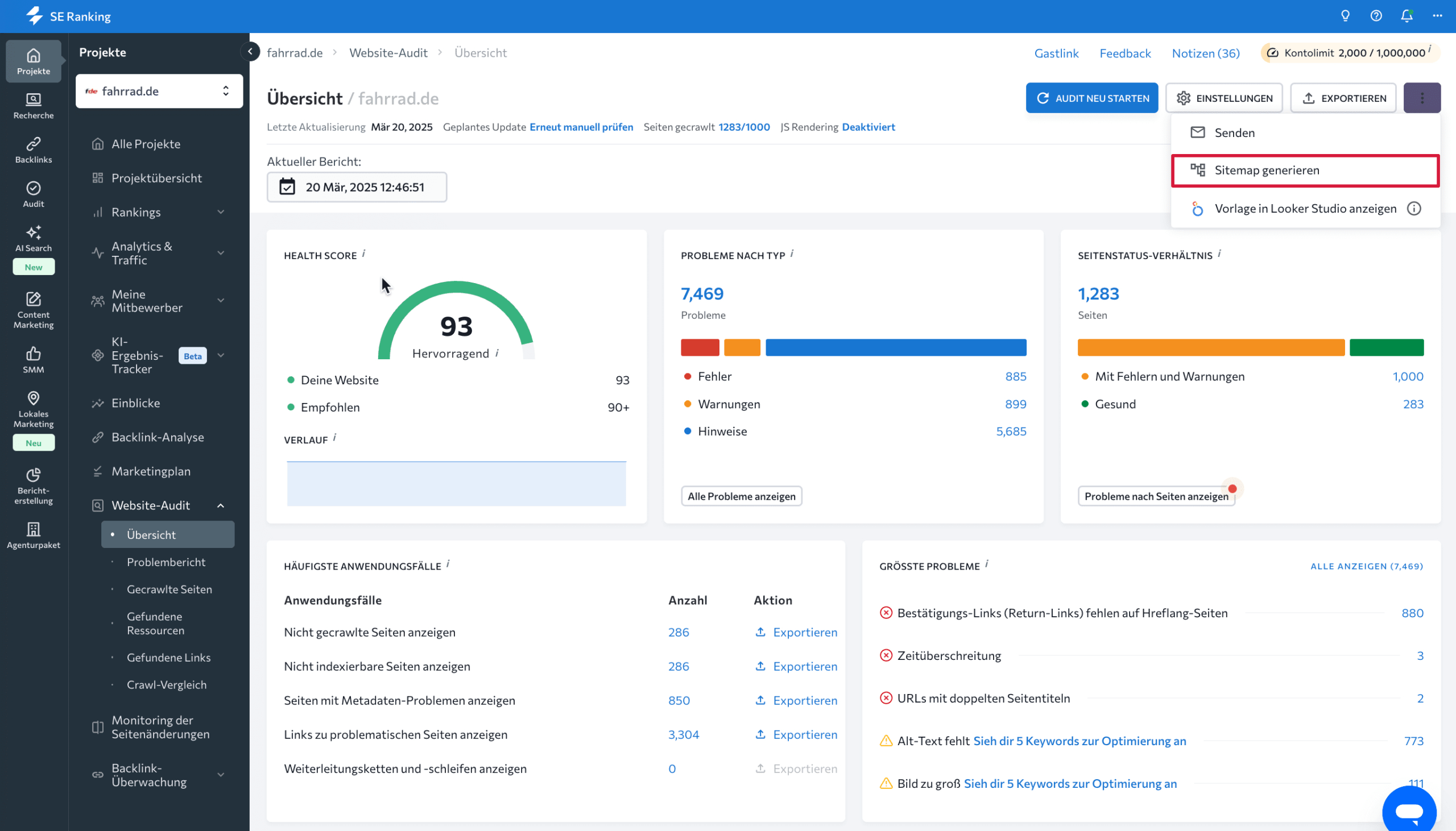 Sitemap im Website-Audit erstellen
