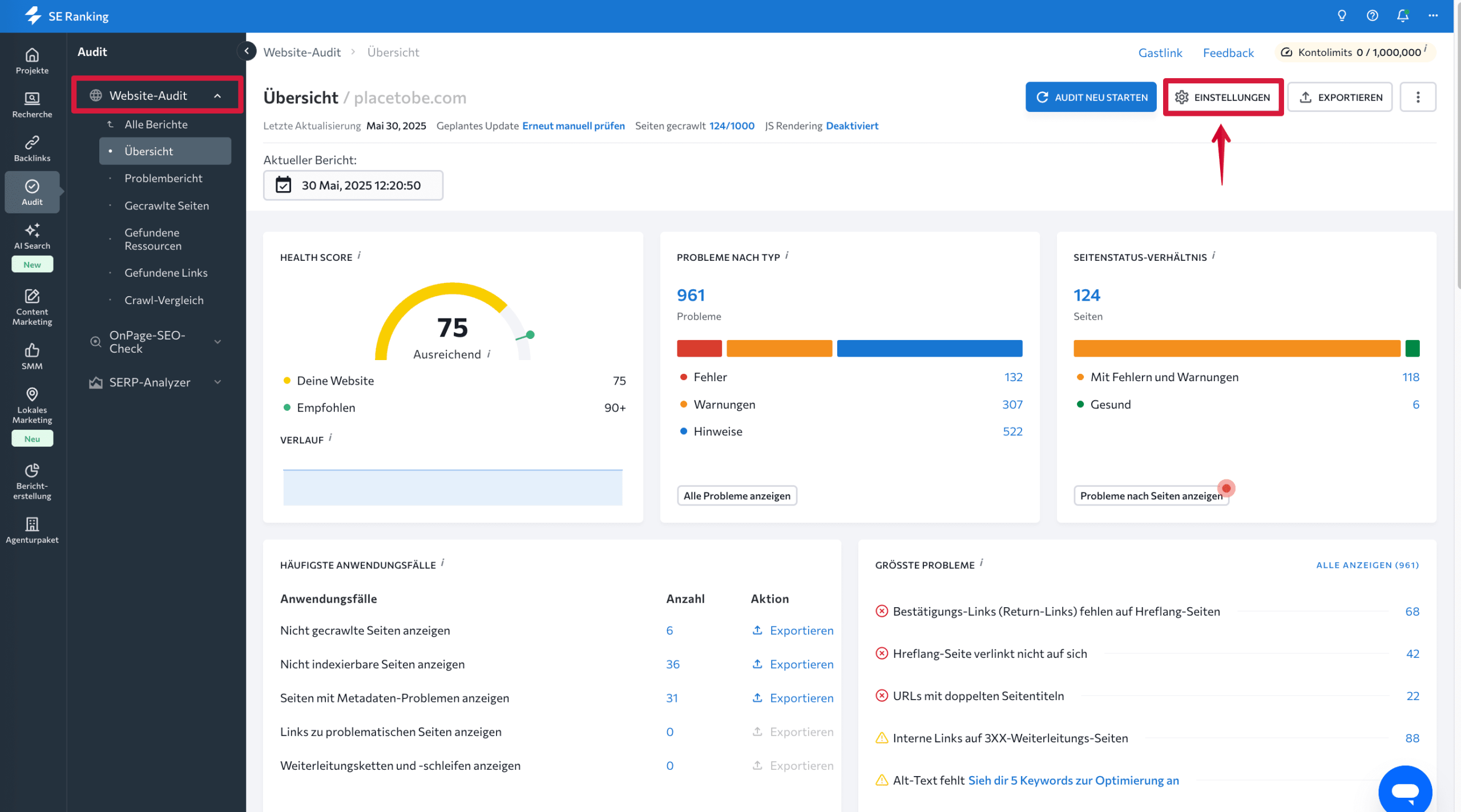 SE Ranking Website-Audit-Einstellungen