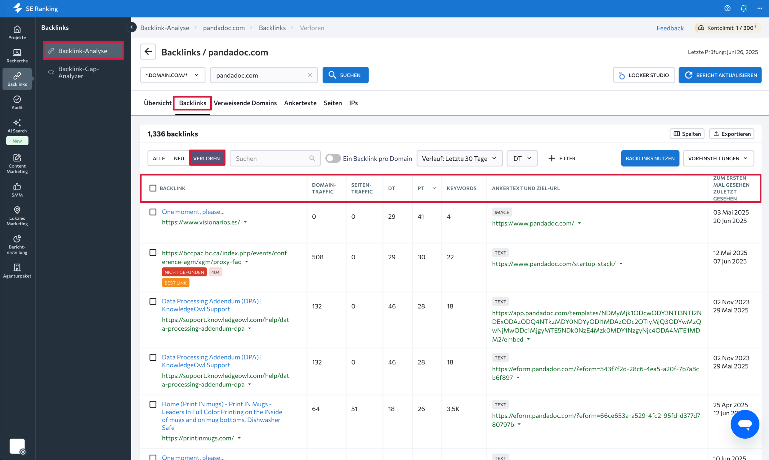 Bericht über verlorene Backlinks im Backlink Checker-Tool