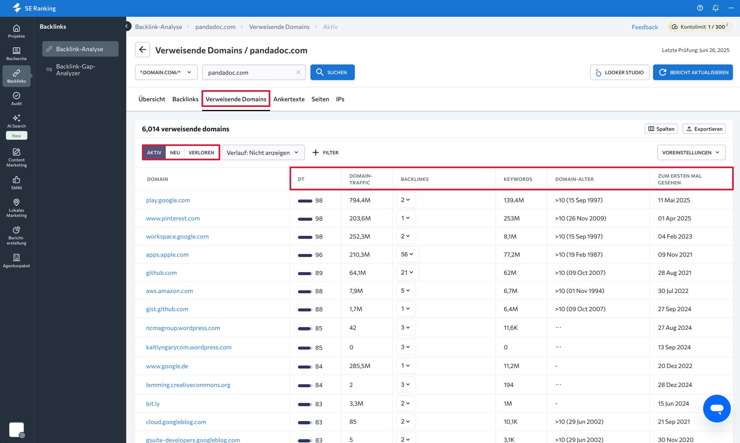 Bericht „Verweisende Domains“ im Backlink Checker-Tool