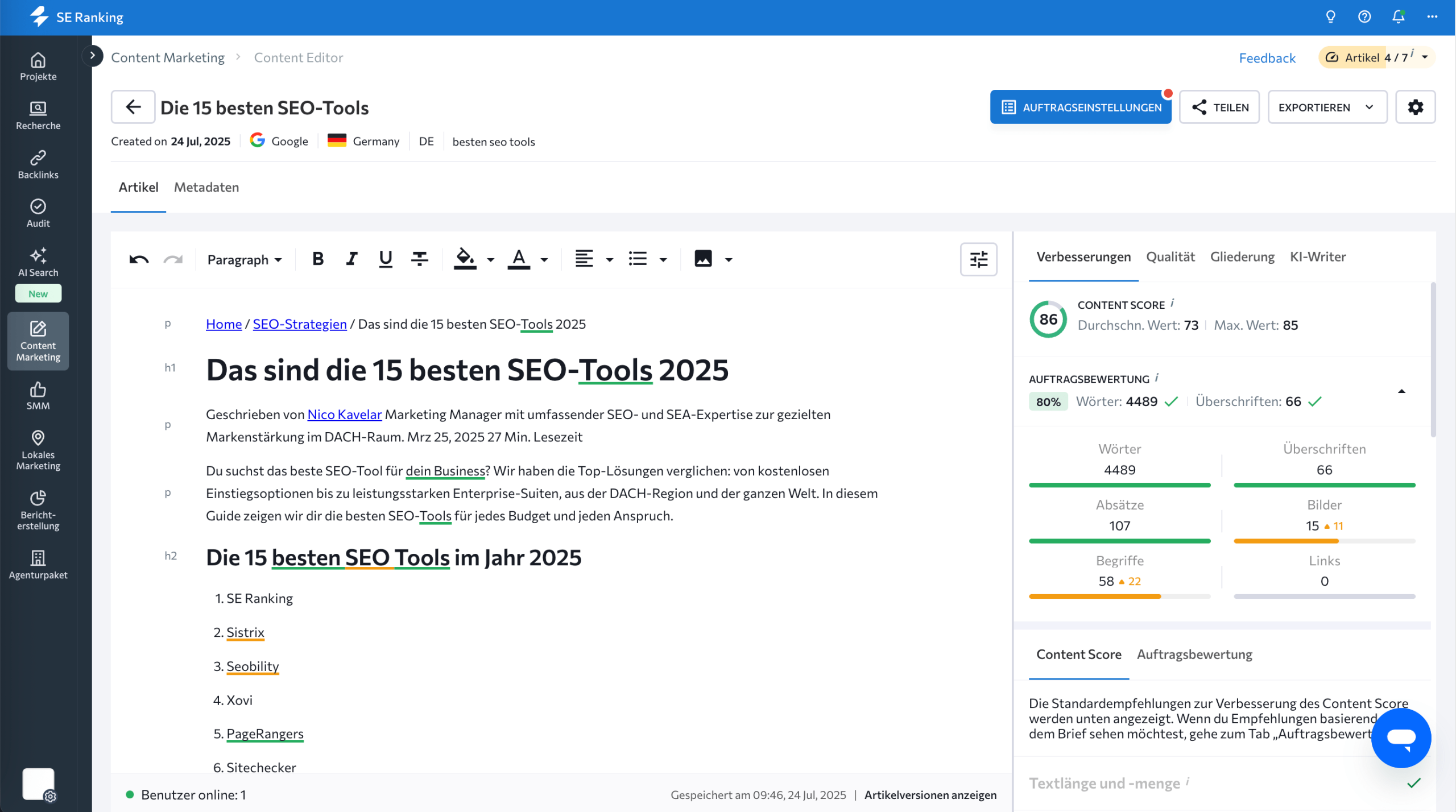 Content Editor von SE Ranking