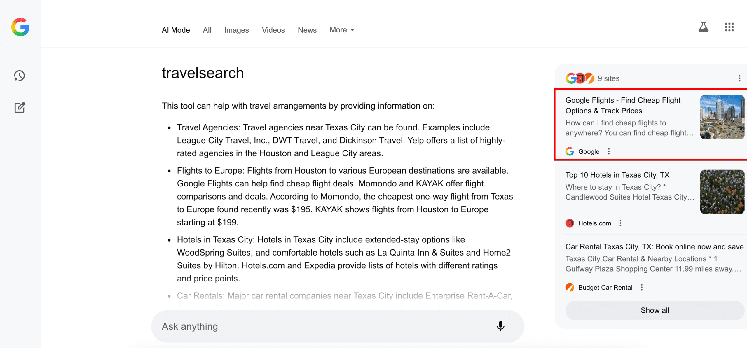 Google Travel-Link in einer AI Mode-Antwort