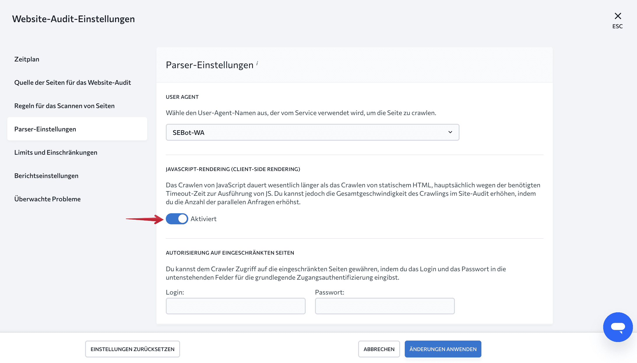 JavaScript-Rendering-Funktion im Website Audit von SE Ranking
