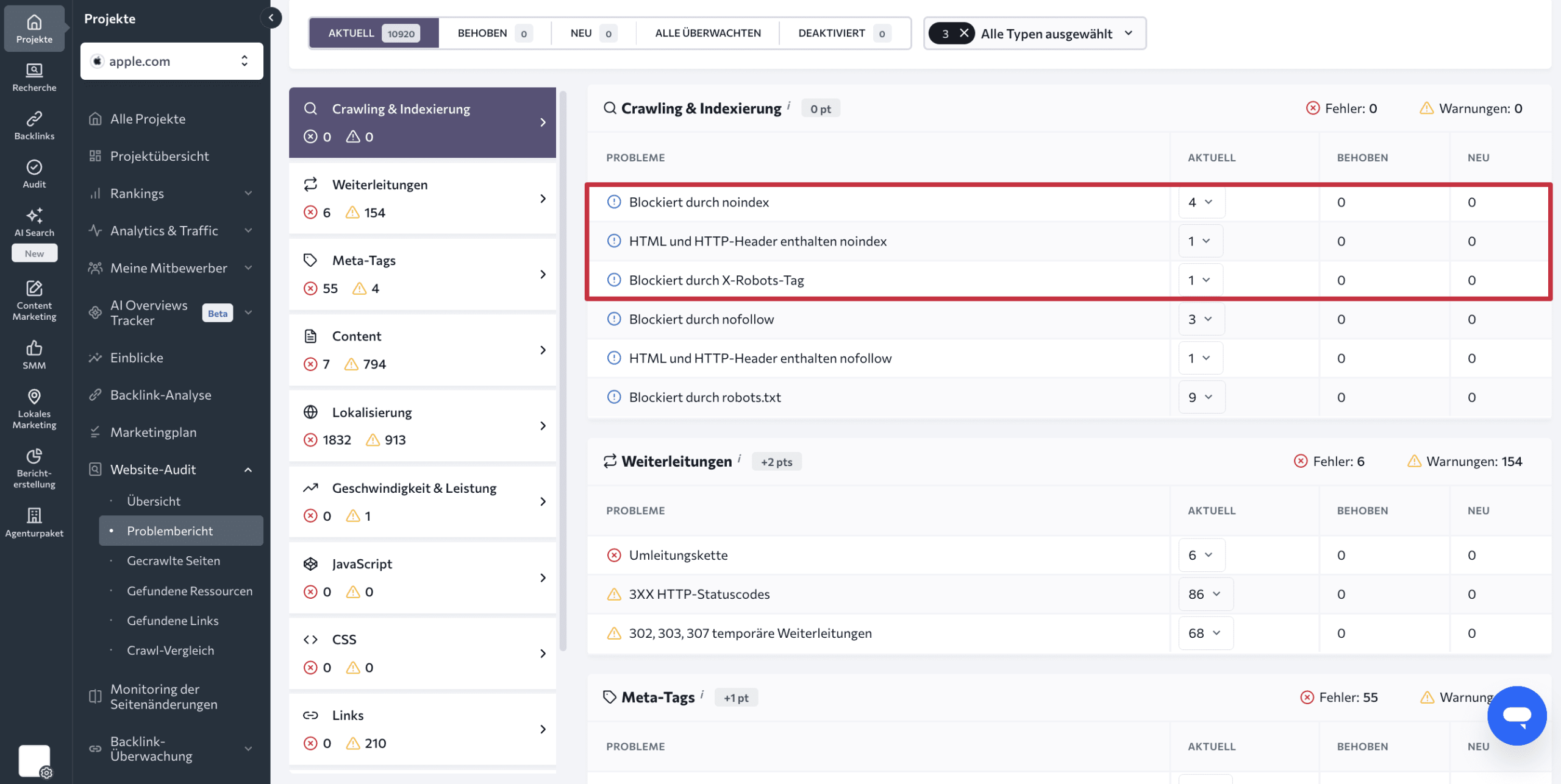 Bereich „Crawling & Indexierung“ im Website-Audit von SE Ranking