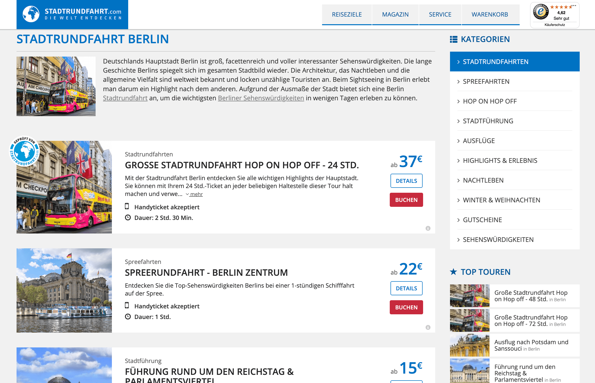 Seite mit vorgestellten Touren