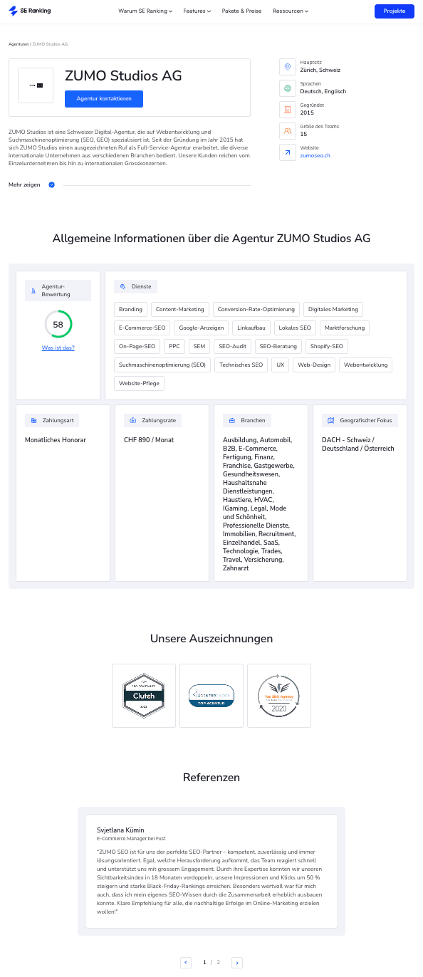 Landingpages für Digitalagenturen auf der SE Ranking-Website