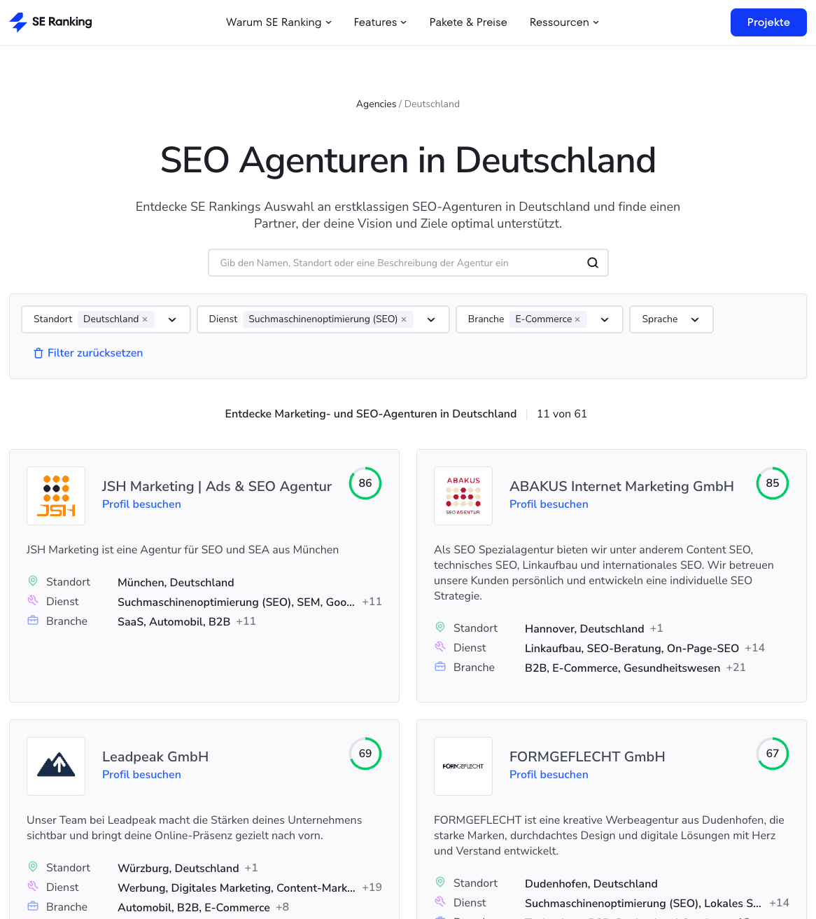 SE Rankings Agenturkatalog