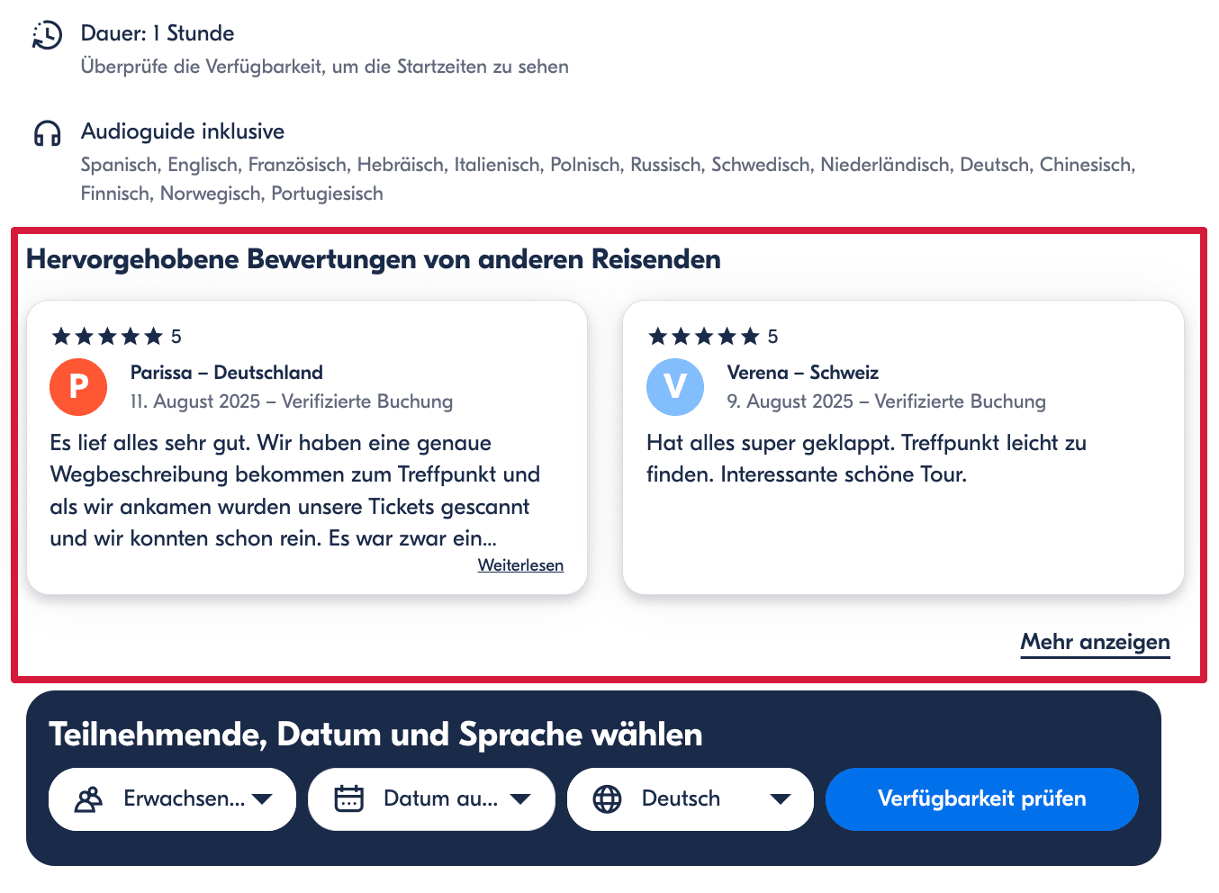 Nutzerbewertungen auf GetYourGuide