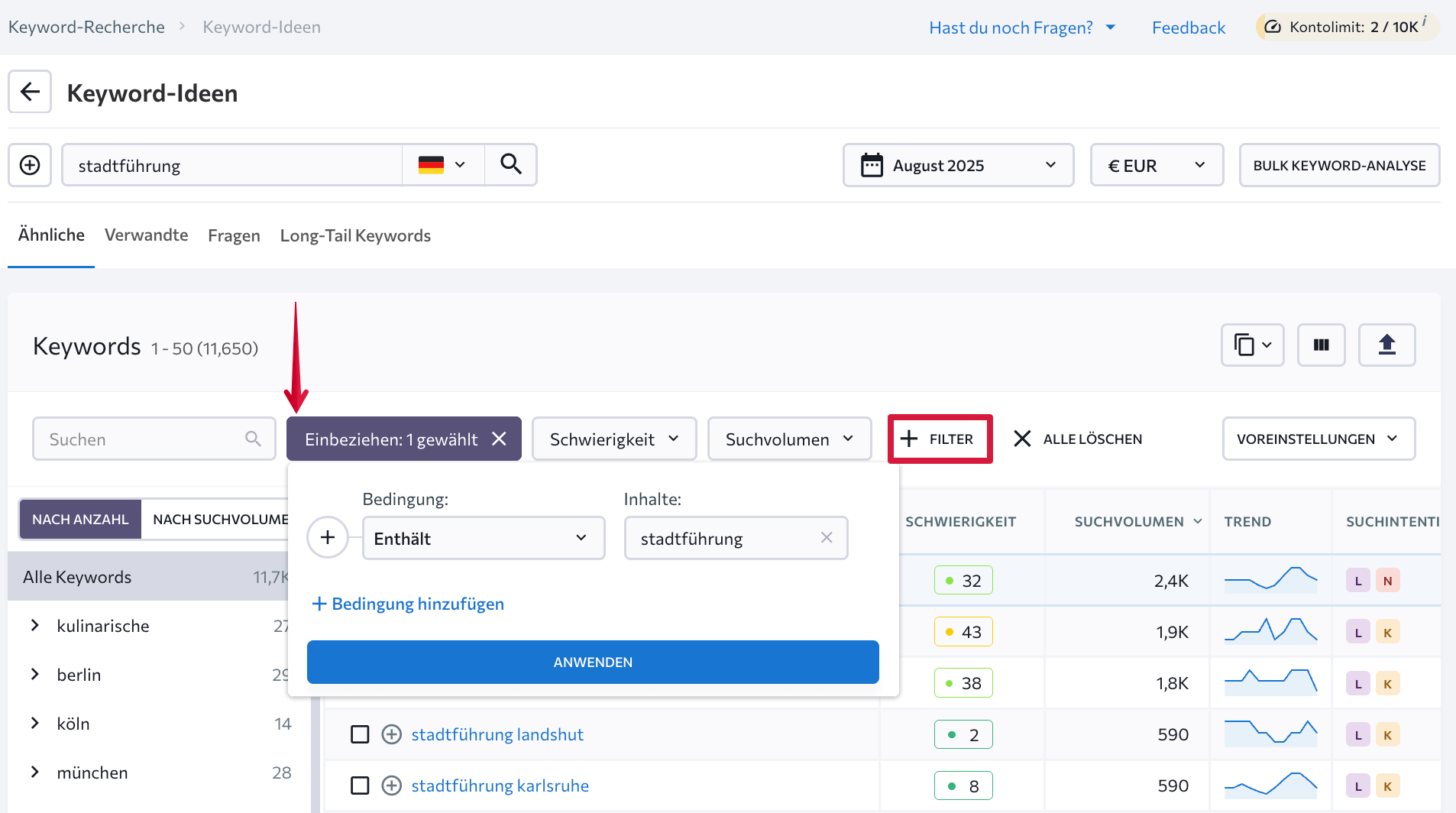 Fokus auf exakte Übereinstimmungen des Hauptkeywords