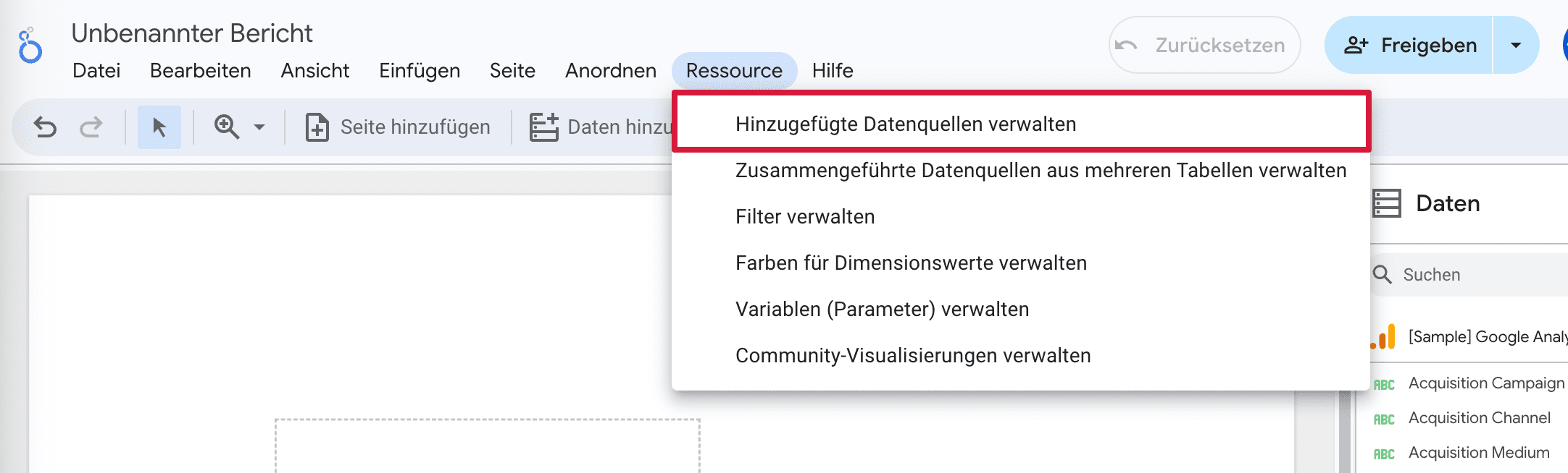 Button „Hinzugefügte Datenquellen verwalten“